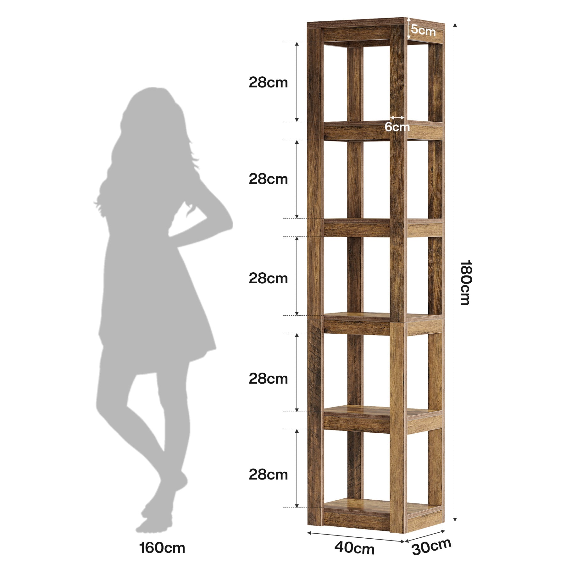 180 cm Eck-Bücherregal – 6-Etagen Schmalregal in Rustikalbraun für Homeoffice & Wohnzimmer