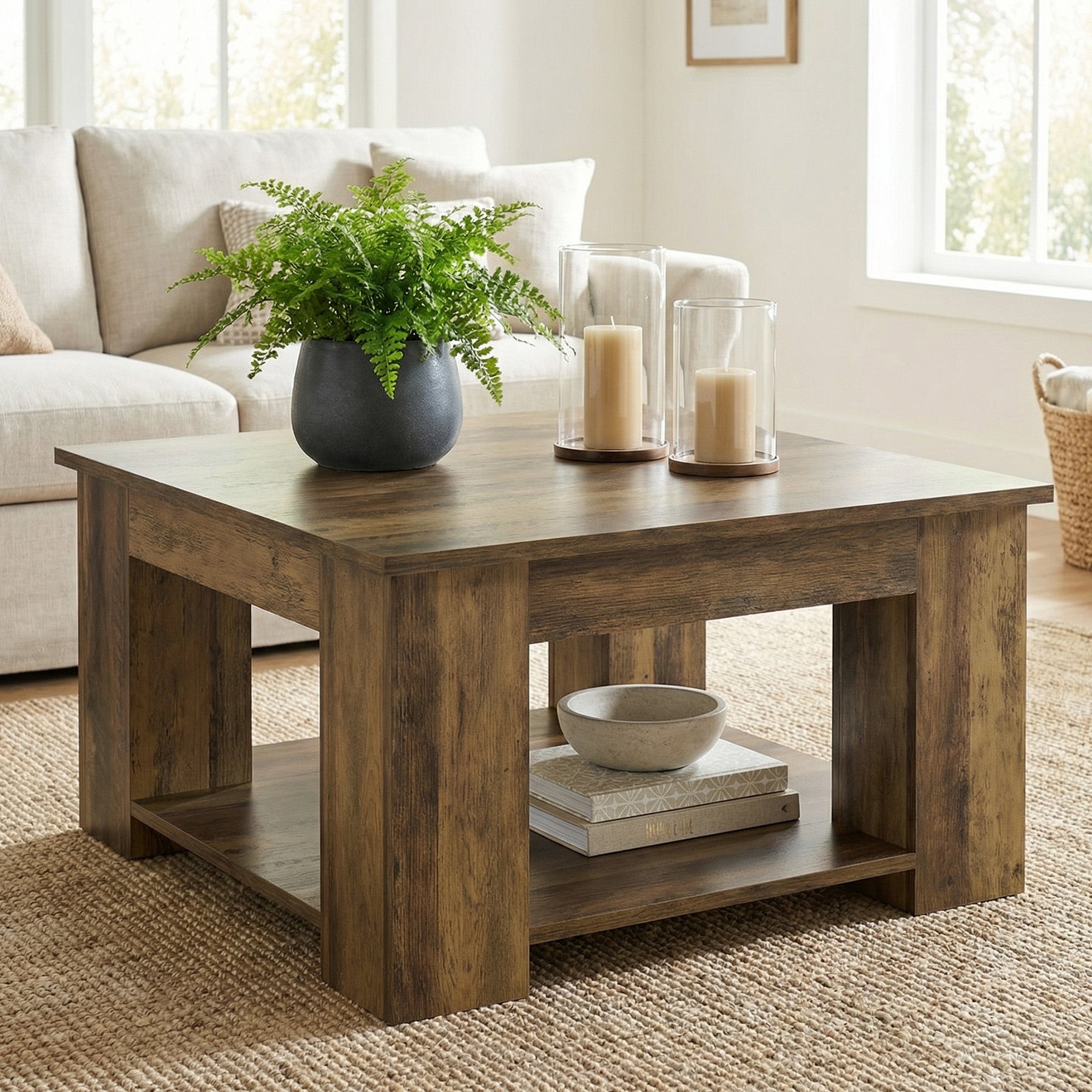 Tribesigns Quadratischer Couchtisch 80 cm, 2 Ebenen Wohnzimmertisch mit Ablage