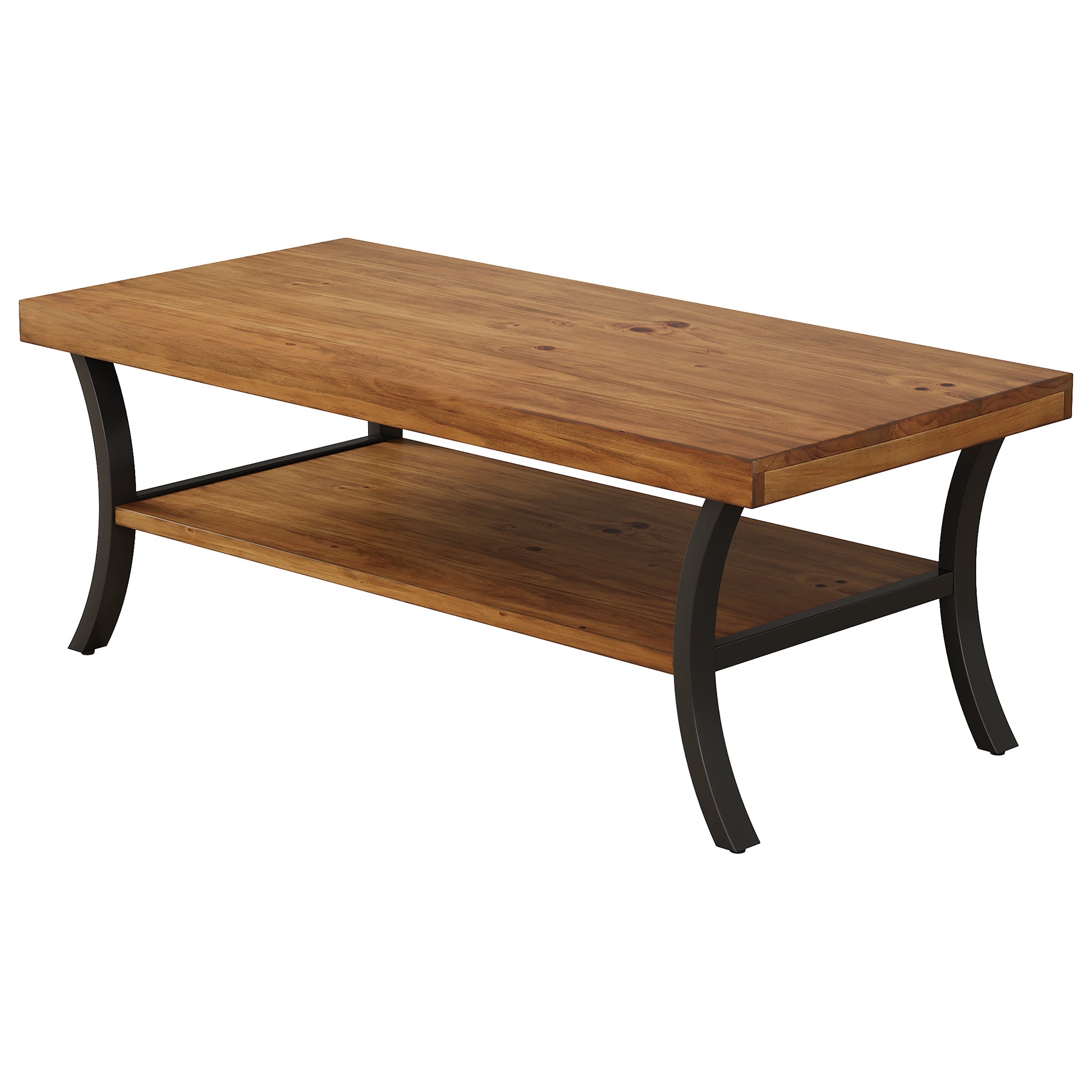 Tribesigns Massivholz Couchtisch 120 cm mit Ablage, 2-stufiger Wohnzimmertisch mit geschwungenen Metallbeinen