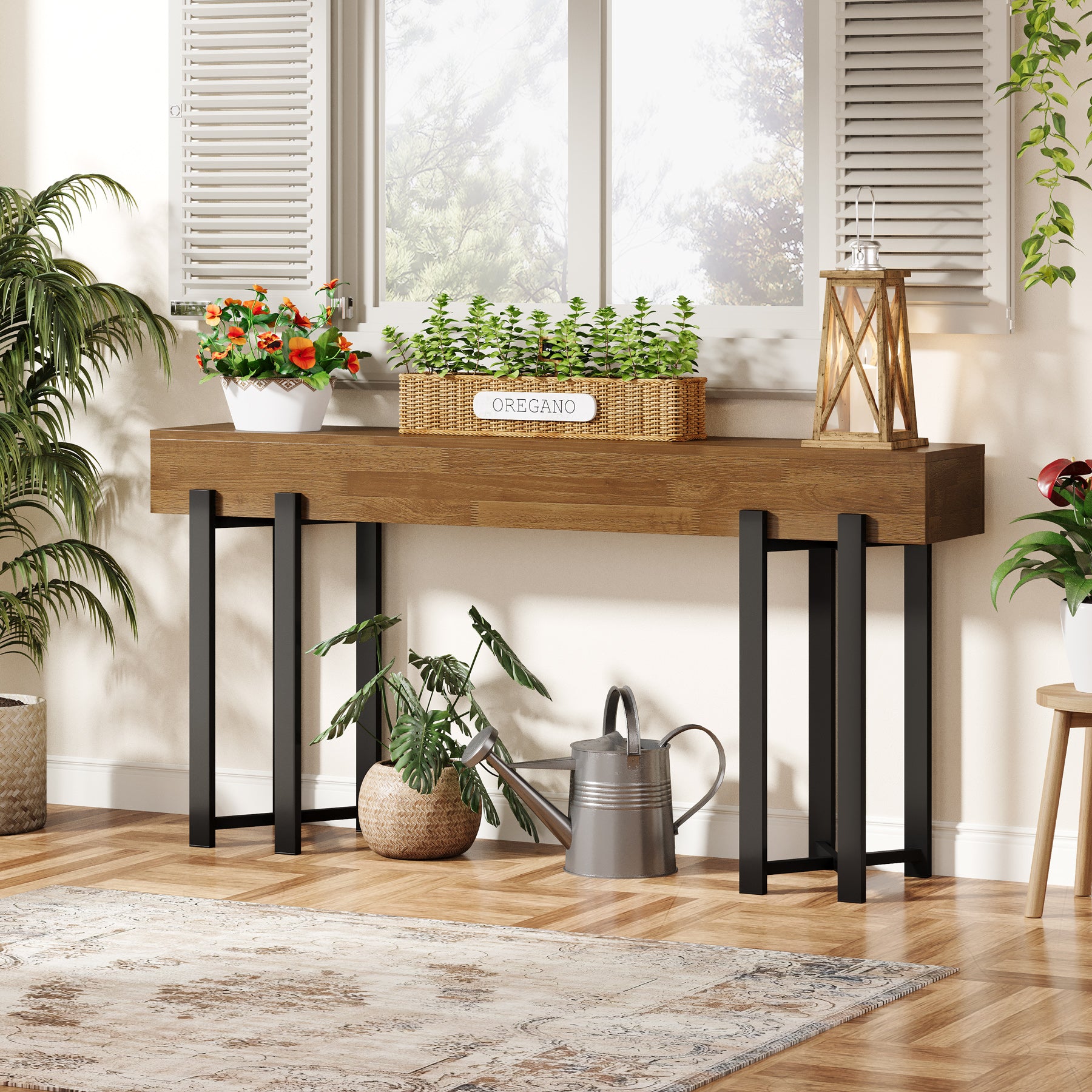 Robuster Landhaus Konsolentisch, 160 cm schmal mit Metallgestell für Flur und Home-Office