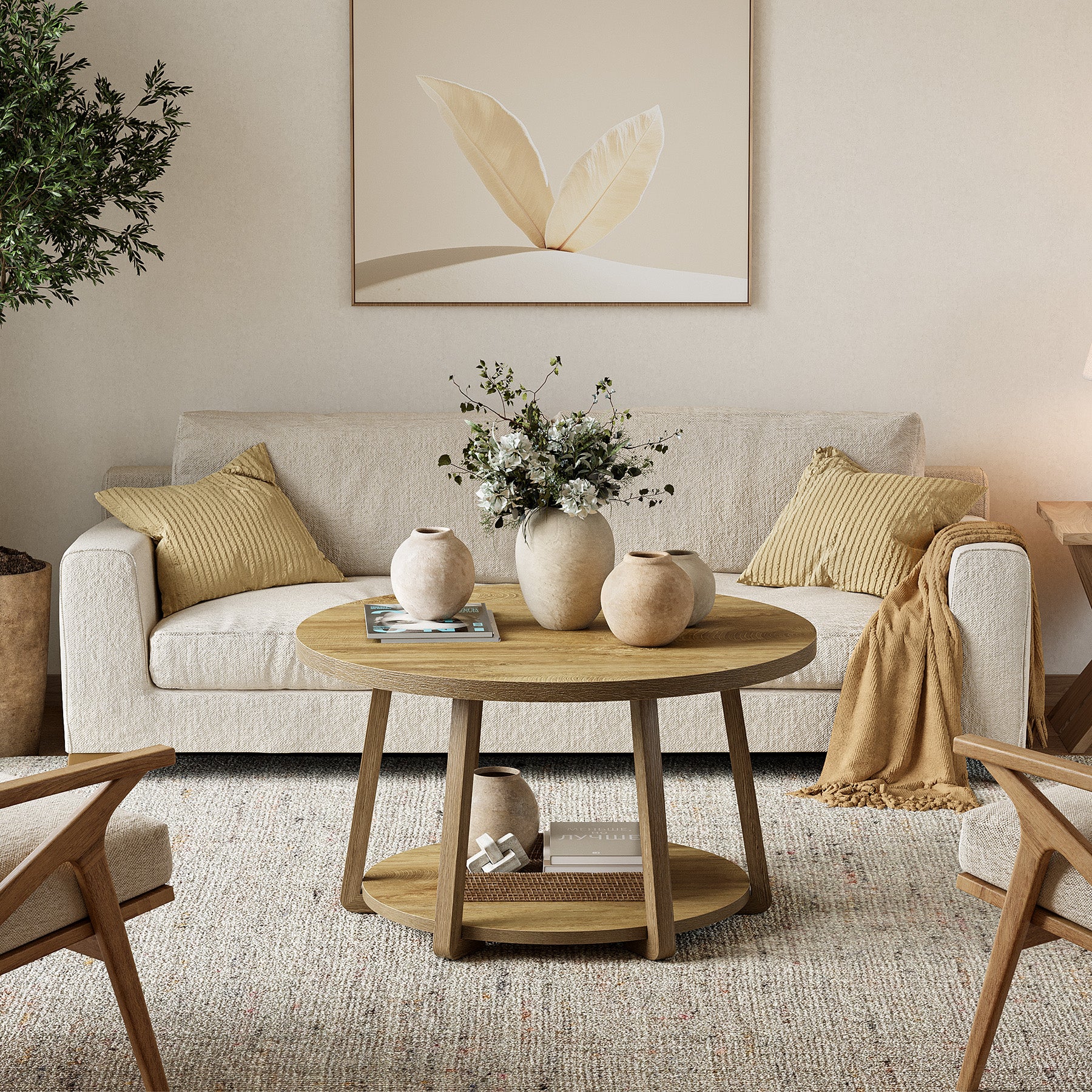 Tribesigns Runder Couchtisch 80 cm mit Ablage, 2 Ebenen Wohnzimmertisch klein mit Stauraum