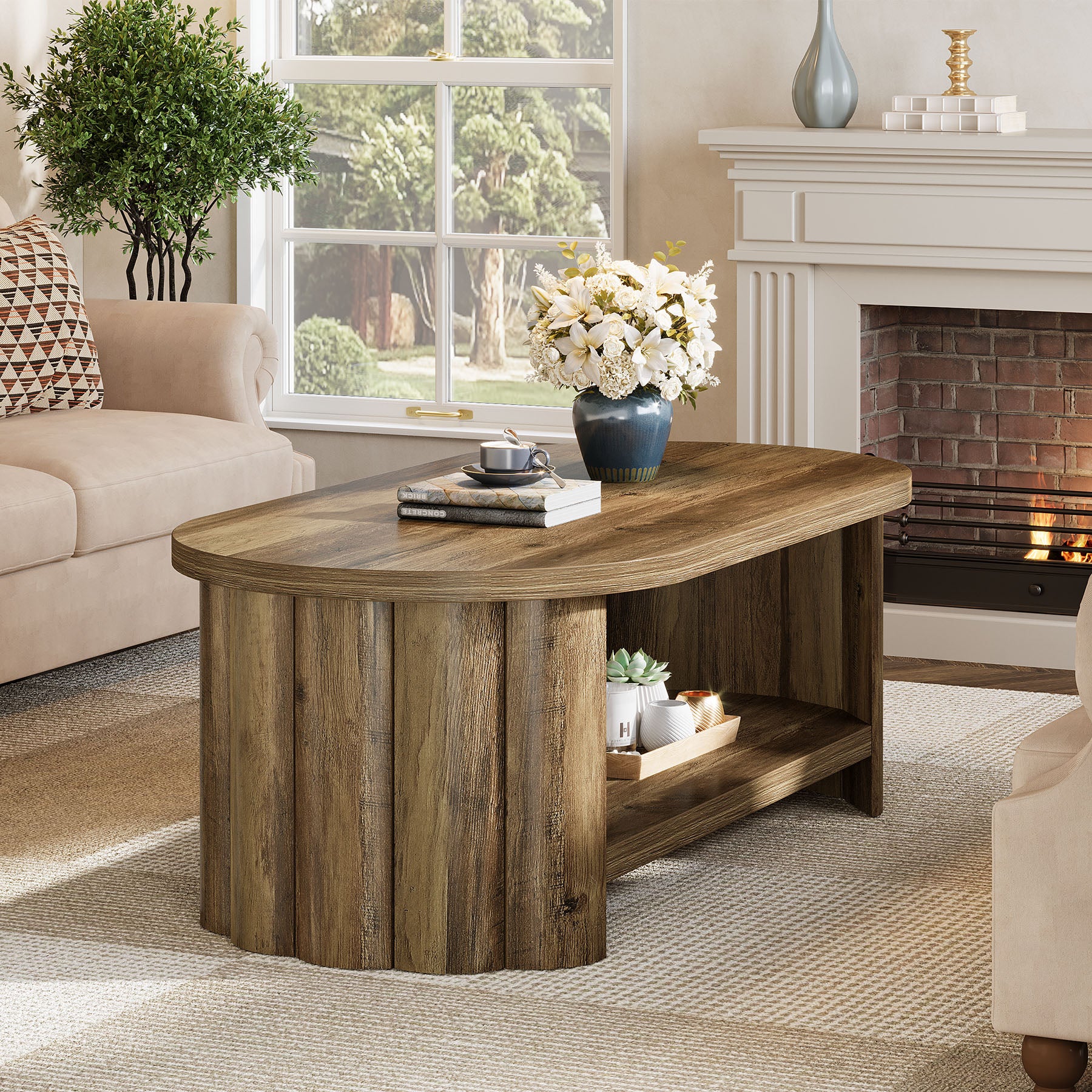 Tribesigns Ovaler Couchtisch 120 cm mit Ablagefach, Landhaus Wohnzimmertisch mit geriffeltem Standfuß