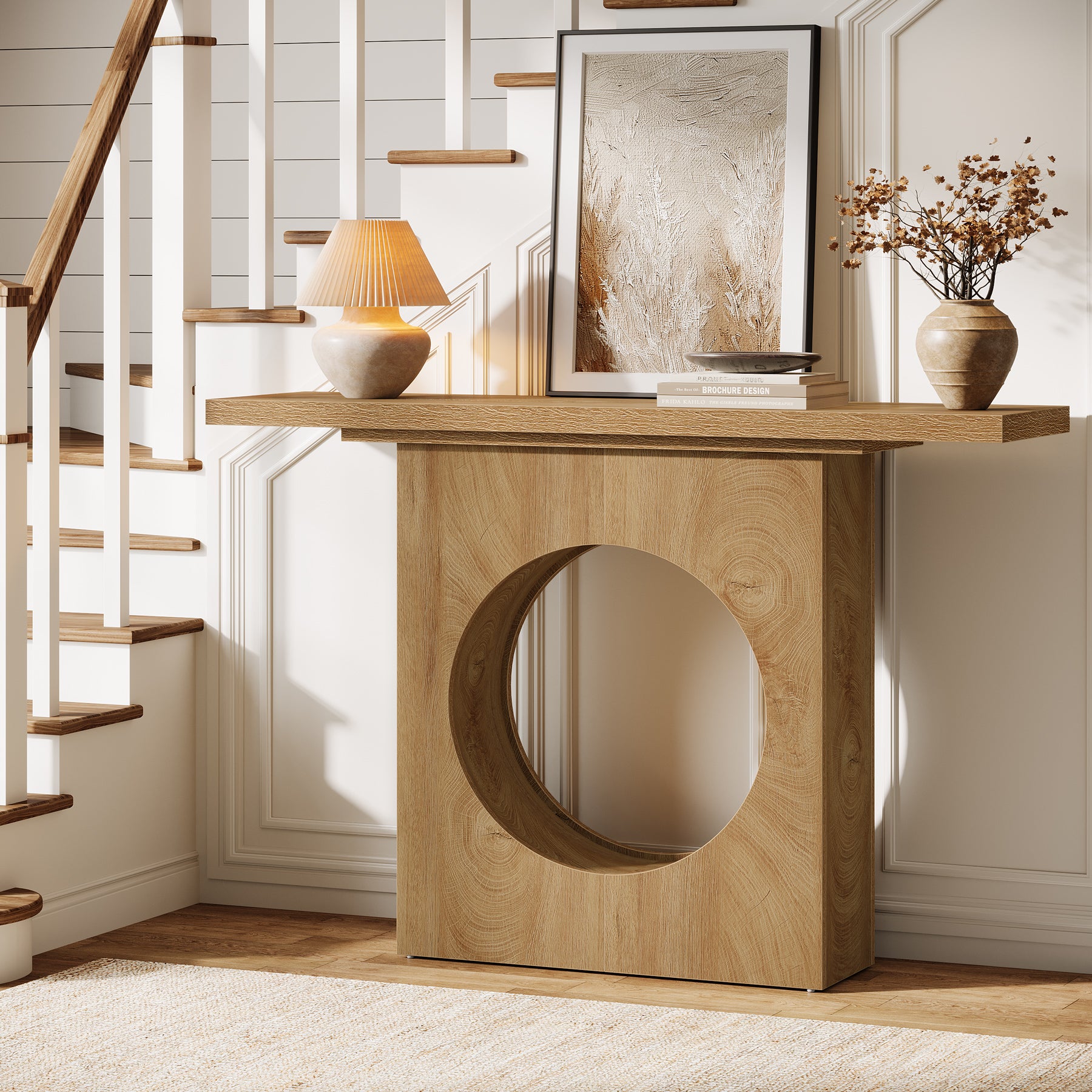 Tribesigns Schmaler Konsolentisch 105 cm, moderner Flurtisch in Holzoptik mit rundem Design-Ausschnitt