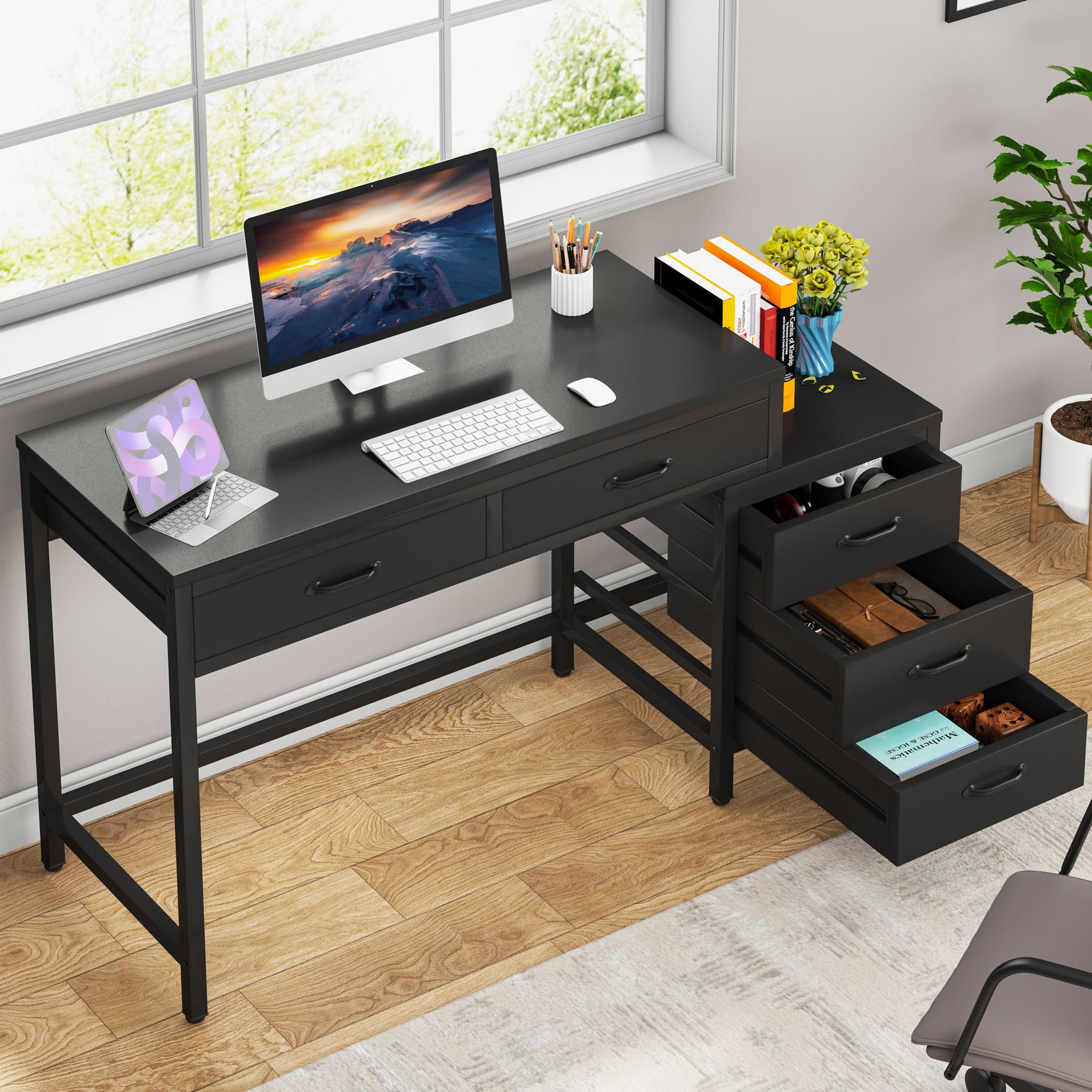 Computertisch mit 5 Schubladen, Schreibtisch fürs Arbeitszimmer mit umkehrbarem Schubladenschrank