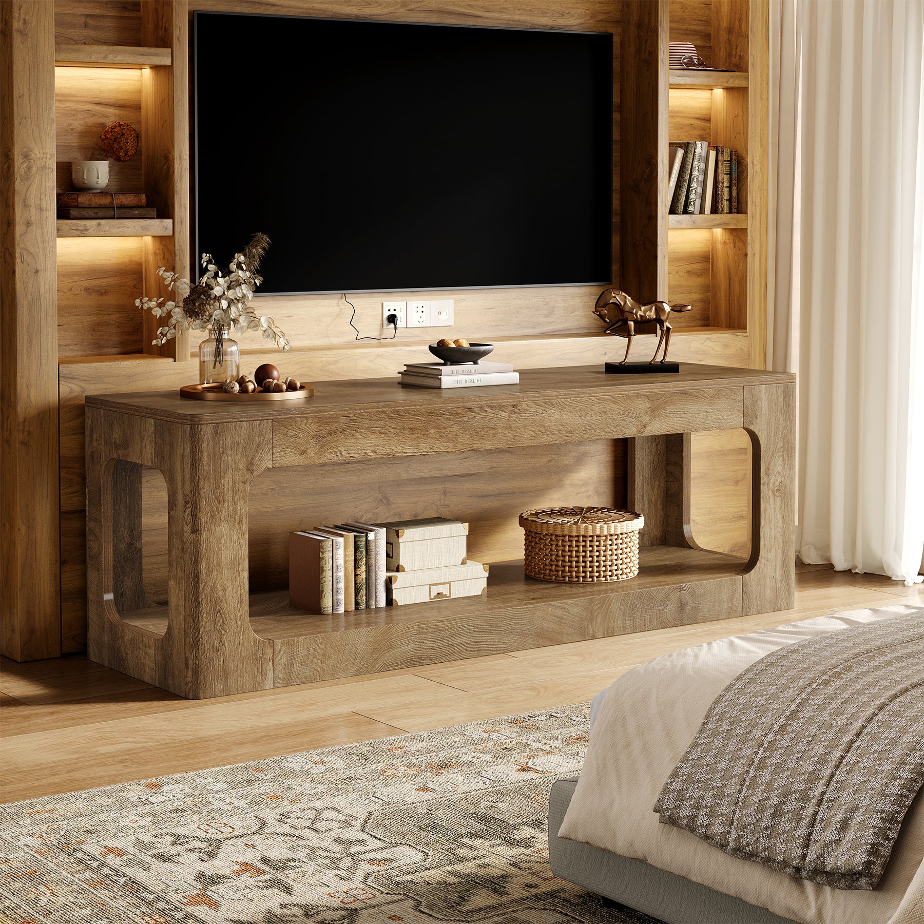 Tribesigns TV-Lowboard 160 cm im Landhausstil, TV-Schrank für 55–75 Zoll Fernseher mit 2 Ebenen