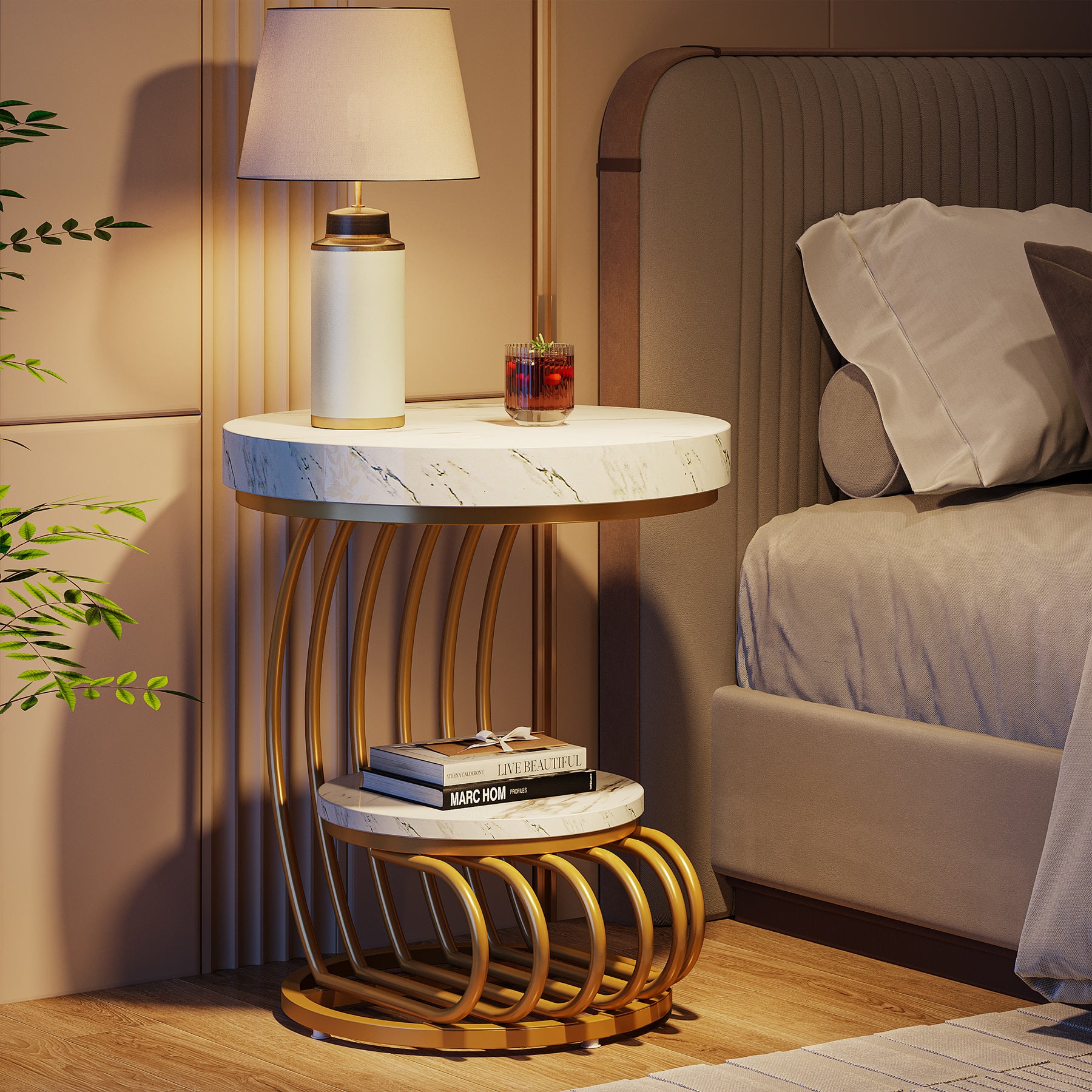 Runder Beistelltisch, 2-stöckiger Beistelltisch aus Kunstmarmor mit Ablagefläche