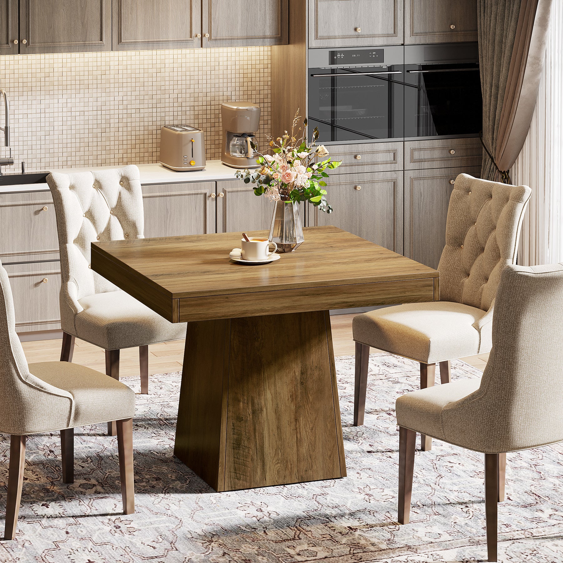 Quadratischer Esstisch 80x80 cm für 4 Personen, kompakter Küchentisch im Landhausstil mit stabilem Sockel