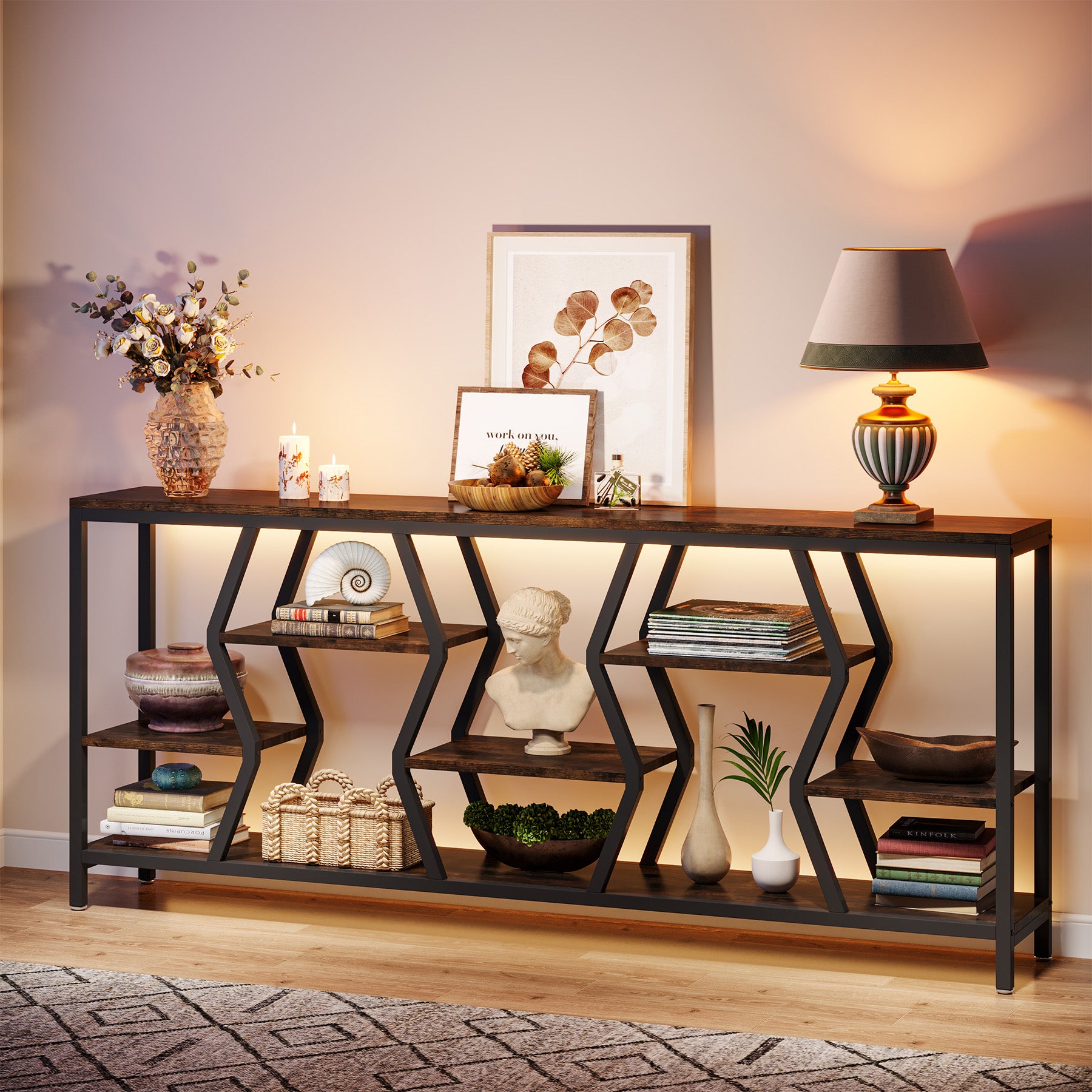 Tribesigns Konsolentisch 180 cm mit 4 Ablagen, Schmaler Sofatisch im Industrial-Landhausstil
