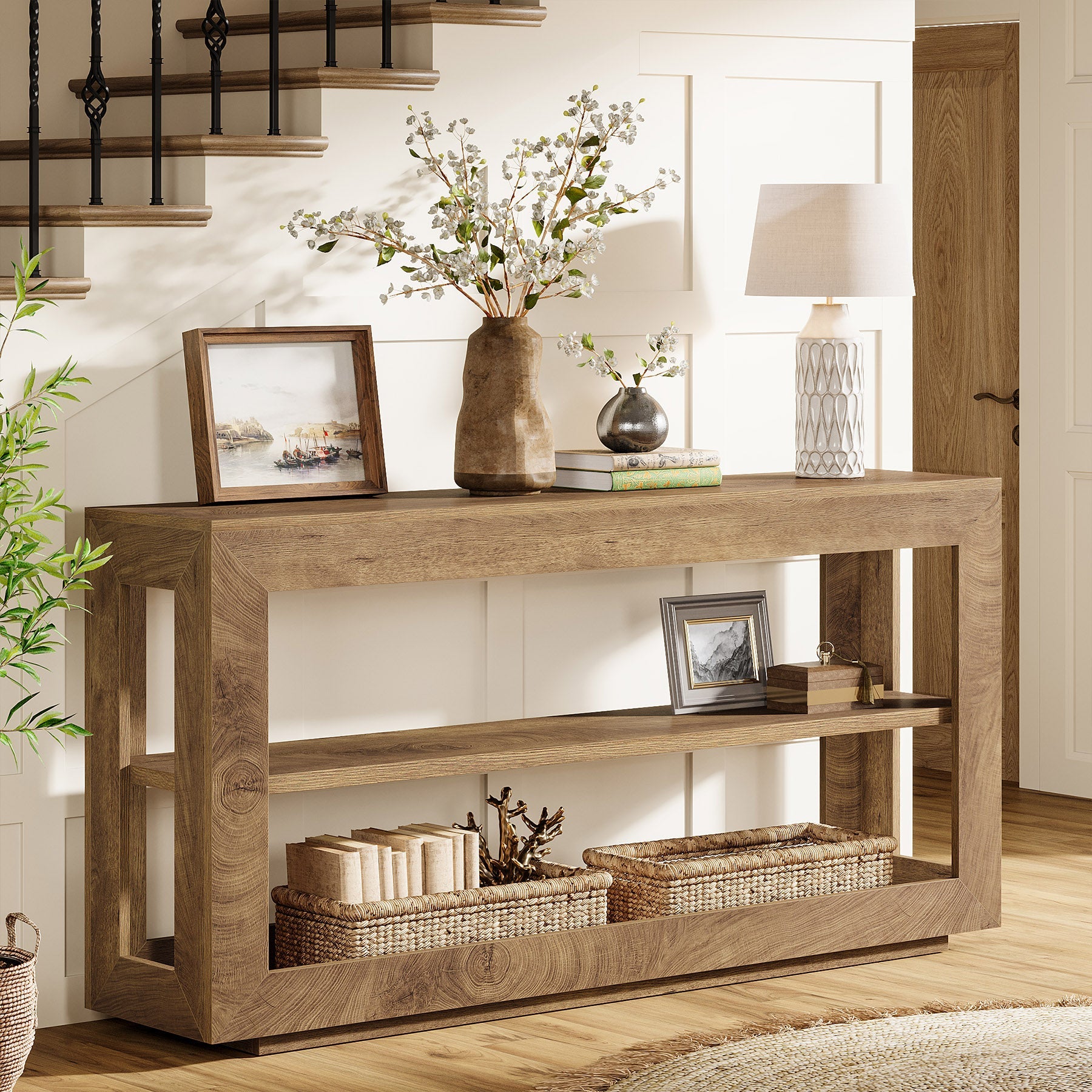 160 cm Konsolentisch, Landhaus-Eingangstisch mit 3-stufigem Ablagefach