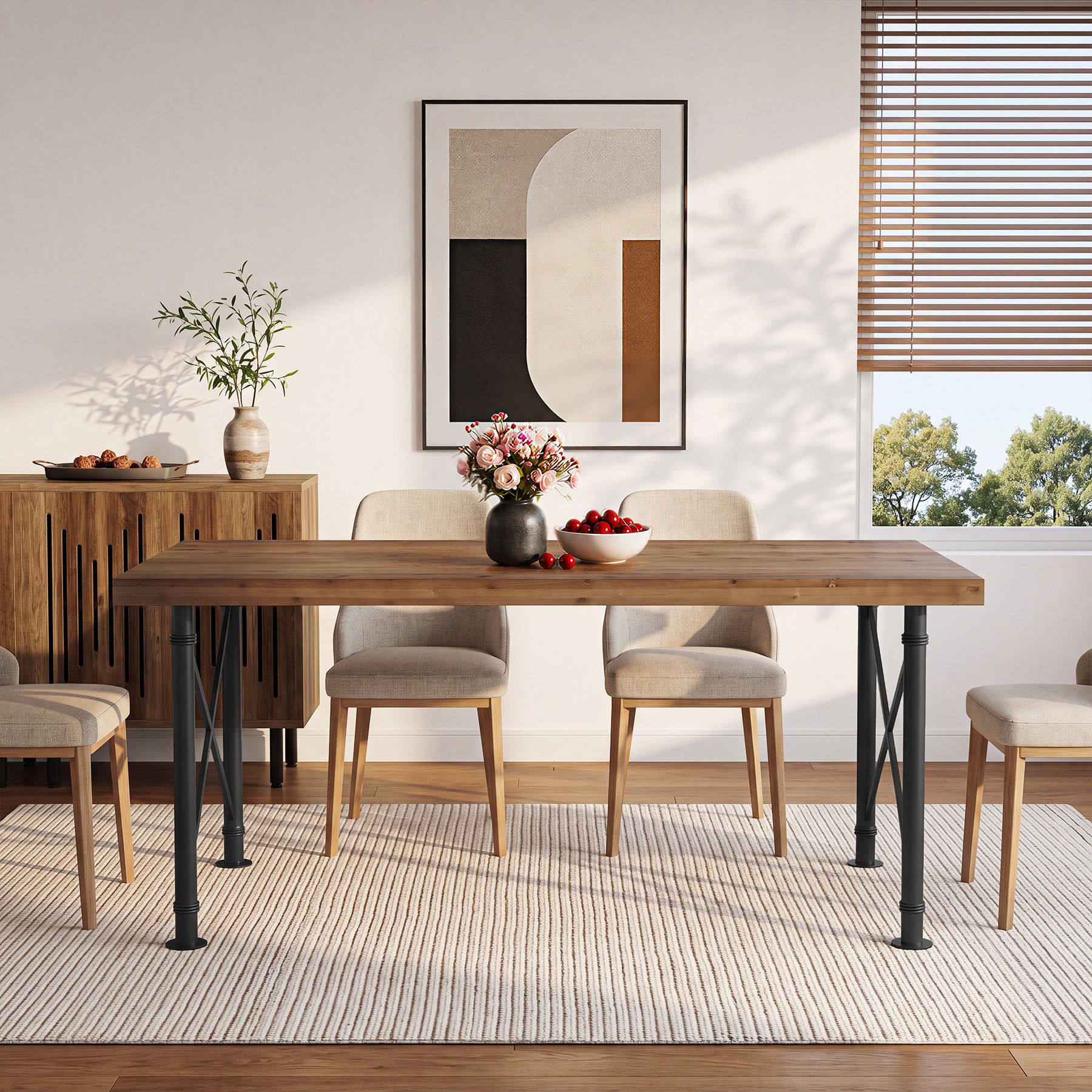 Massivholz Esstisch 160 × 80 cm für 4–6 Personen, Rechteckiger Küchentisch mit X-Metallgestell