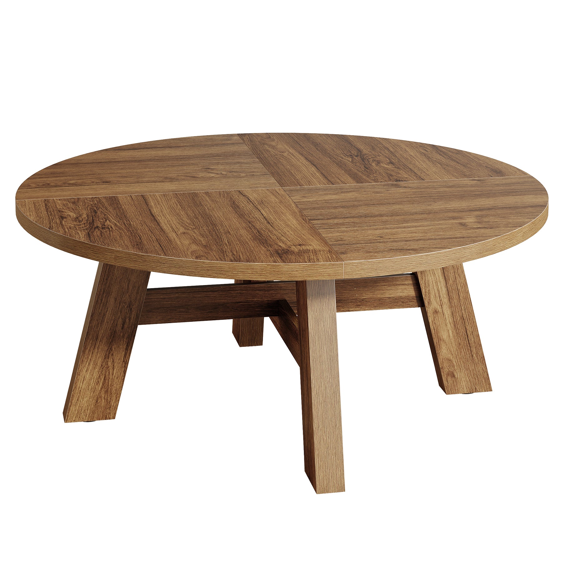 Runder Couchtisch 80 cm im Mid-Century-Stil, Wohnzimmertisch aus Holz mit verstärkter Kreuzstrebe
