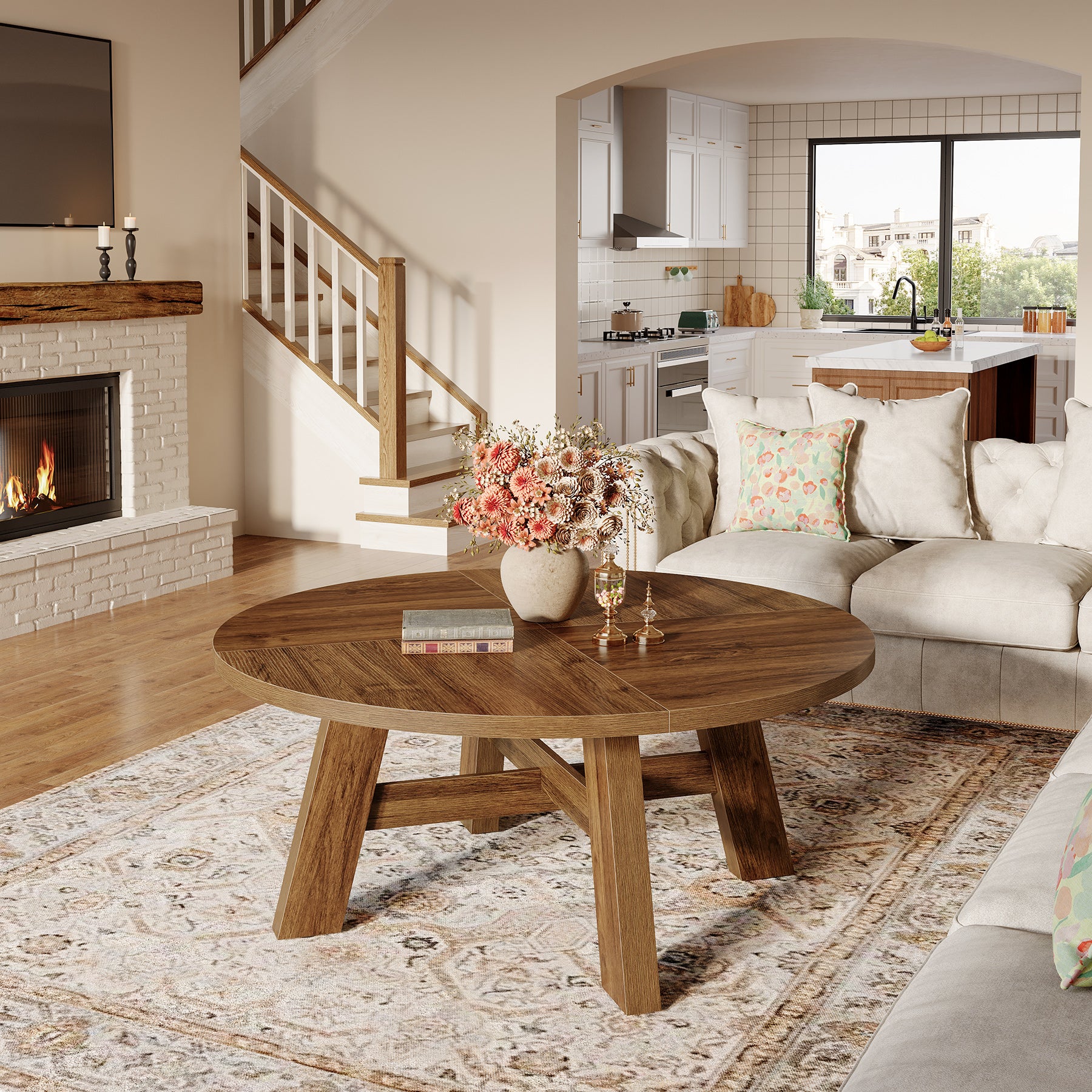 Runder Couchtisch 80 cm im Mid-Century-Stil, Wohnzimmertisch aus Holz mit verstärkter Kreuzstrebe
