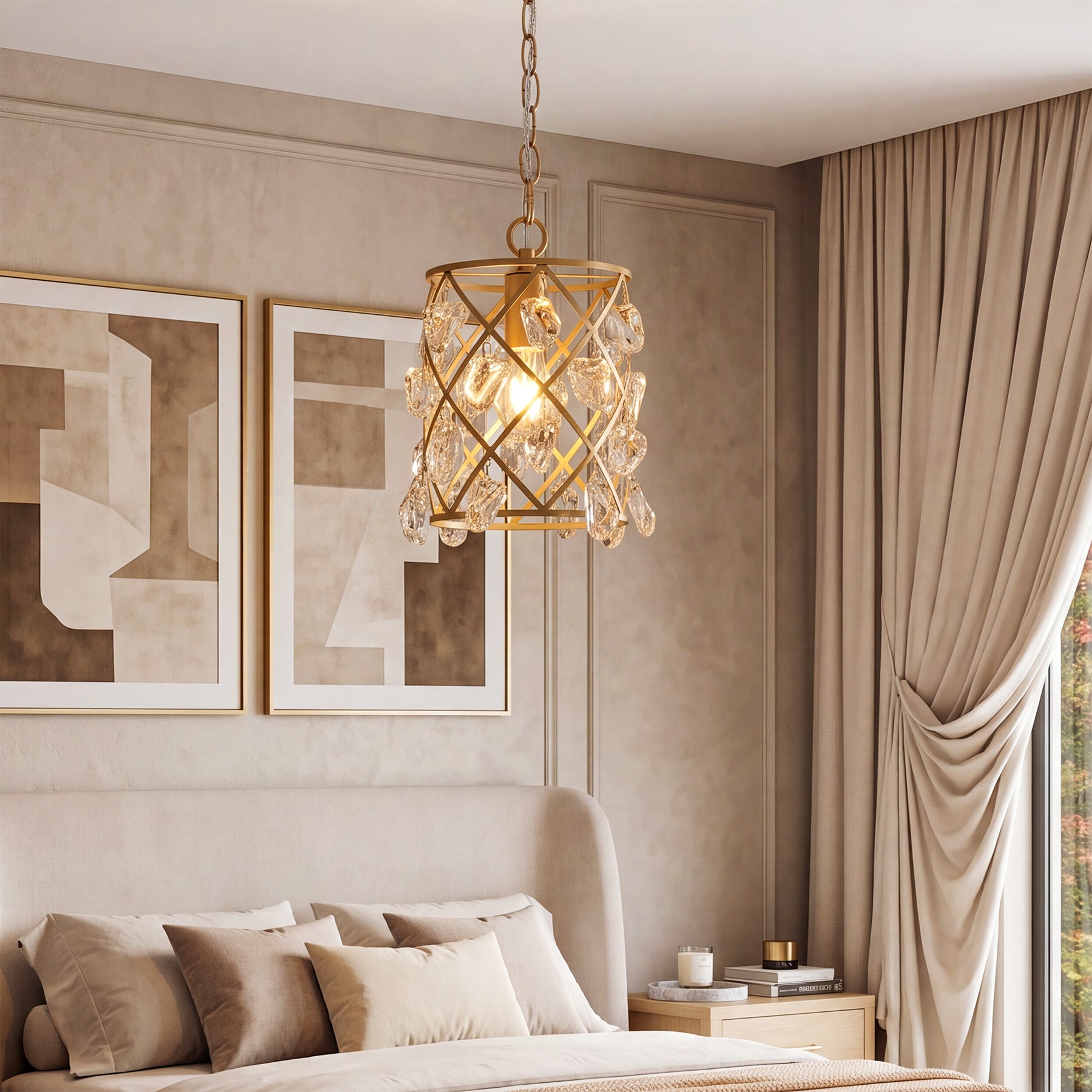 Tribesigns Goldene Pendelleuchte mit Glaskristallen, E27 Hängelampe im modernen Design, höhenverstellbarer Kronleuchter