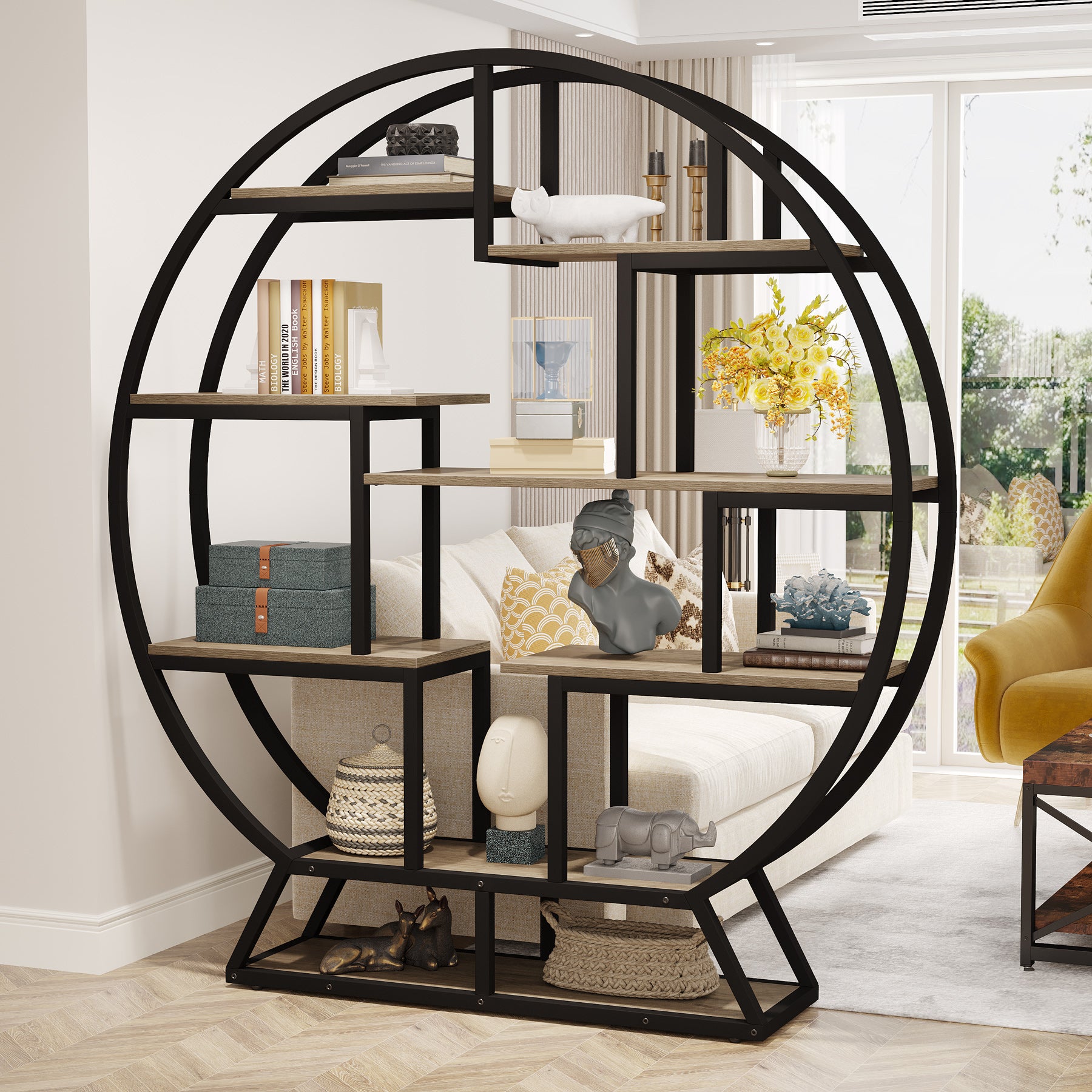 Rundes Bücherregal, 150cm Etagere-Bücherregal mit versetzten Regalen