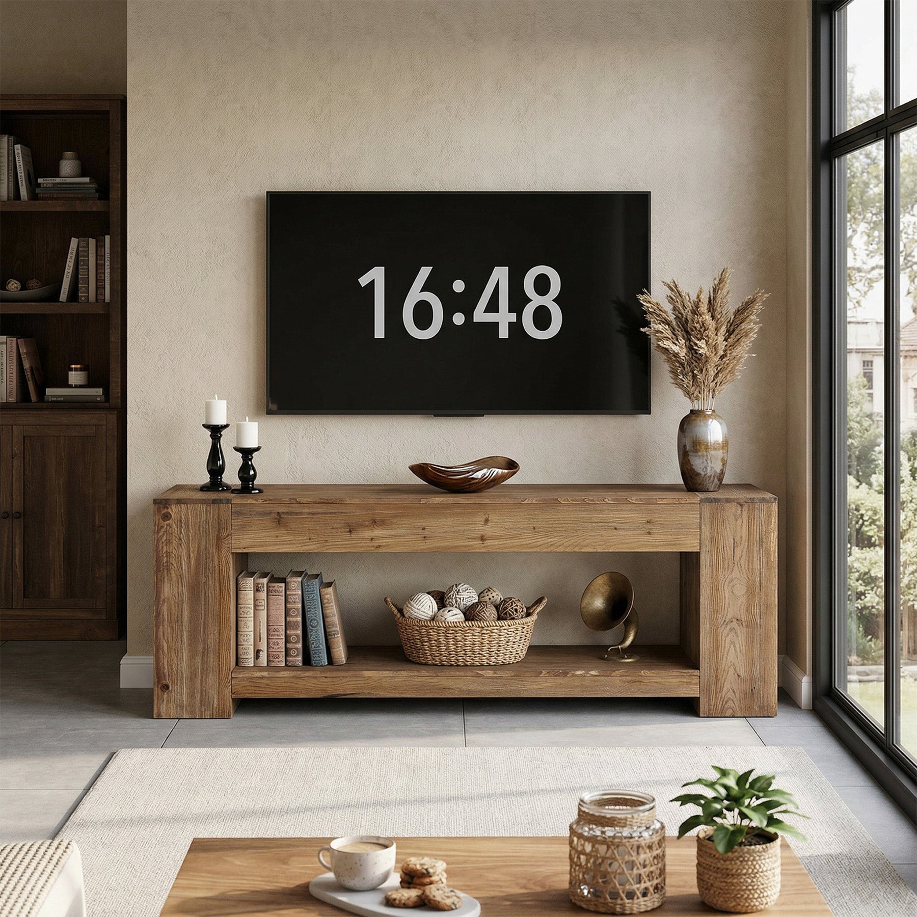 Tribesigns Massivholz TV-Lowboard 160 cm für Fernseher bis 75 Zoll, Landhaus TV-Schrank mit offener Ablage