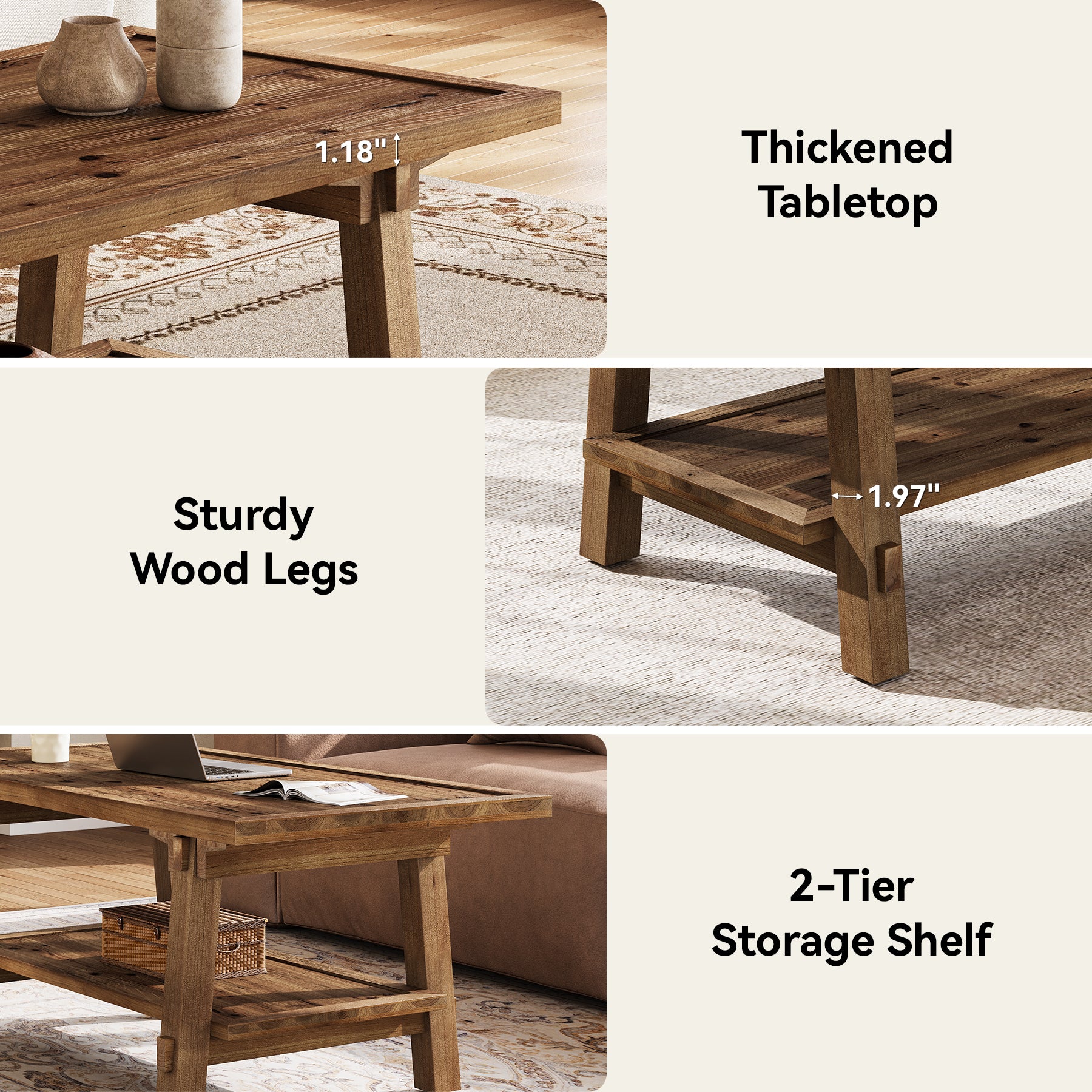 Tribesigns Couchtisch aus Massivholz 120 cm, Rechteckiger Wohnzimmertisch im Landhausstil mit 2 Ablagen