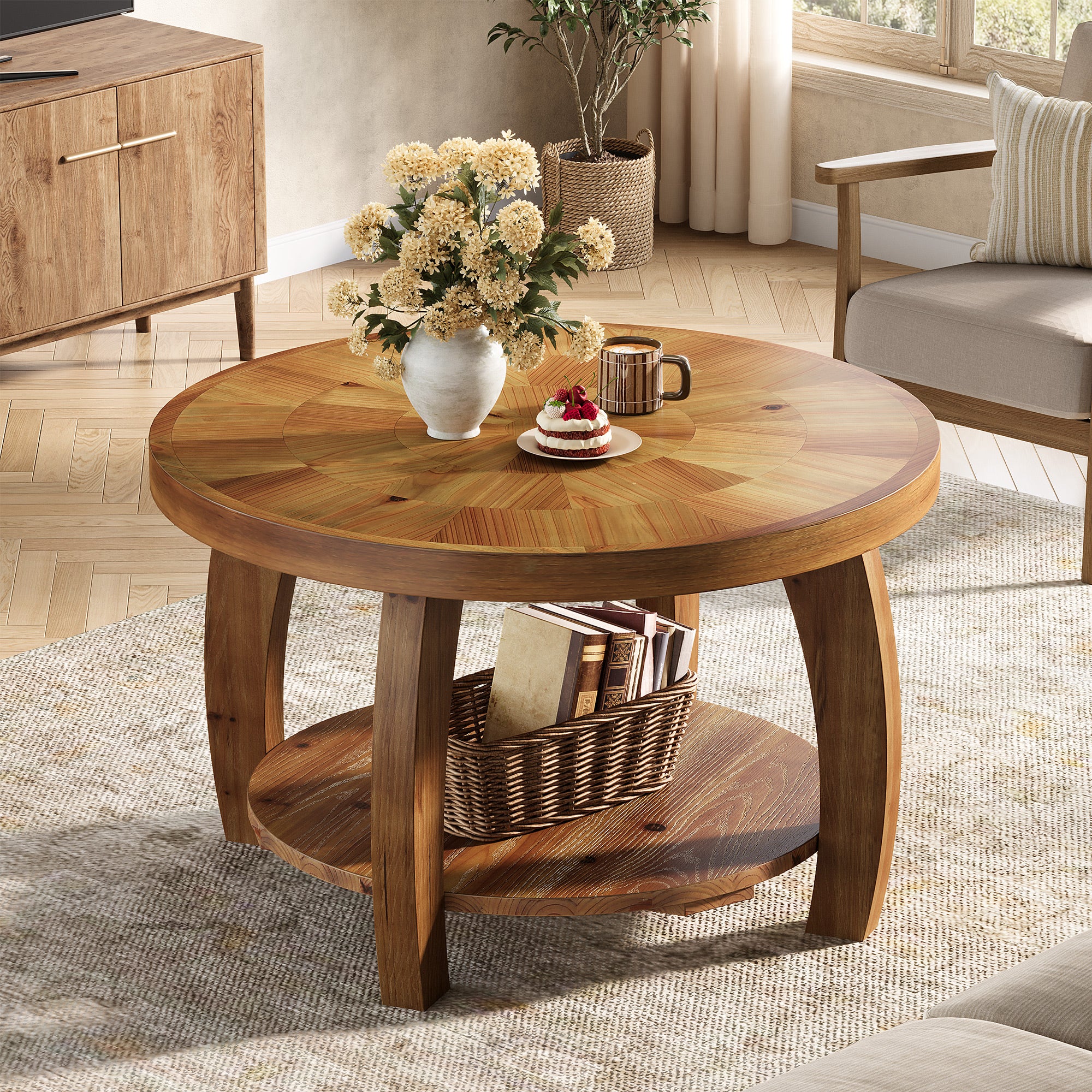 Tribesigns 80 cm runder Couchtisch aus Massivholz, 2-stöckiger Beistelltisch mit Mosaikmuster und unterem Ablageboden