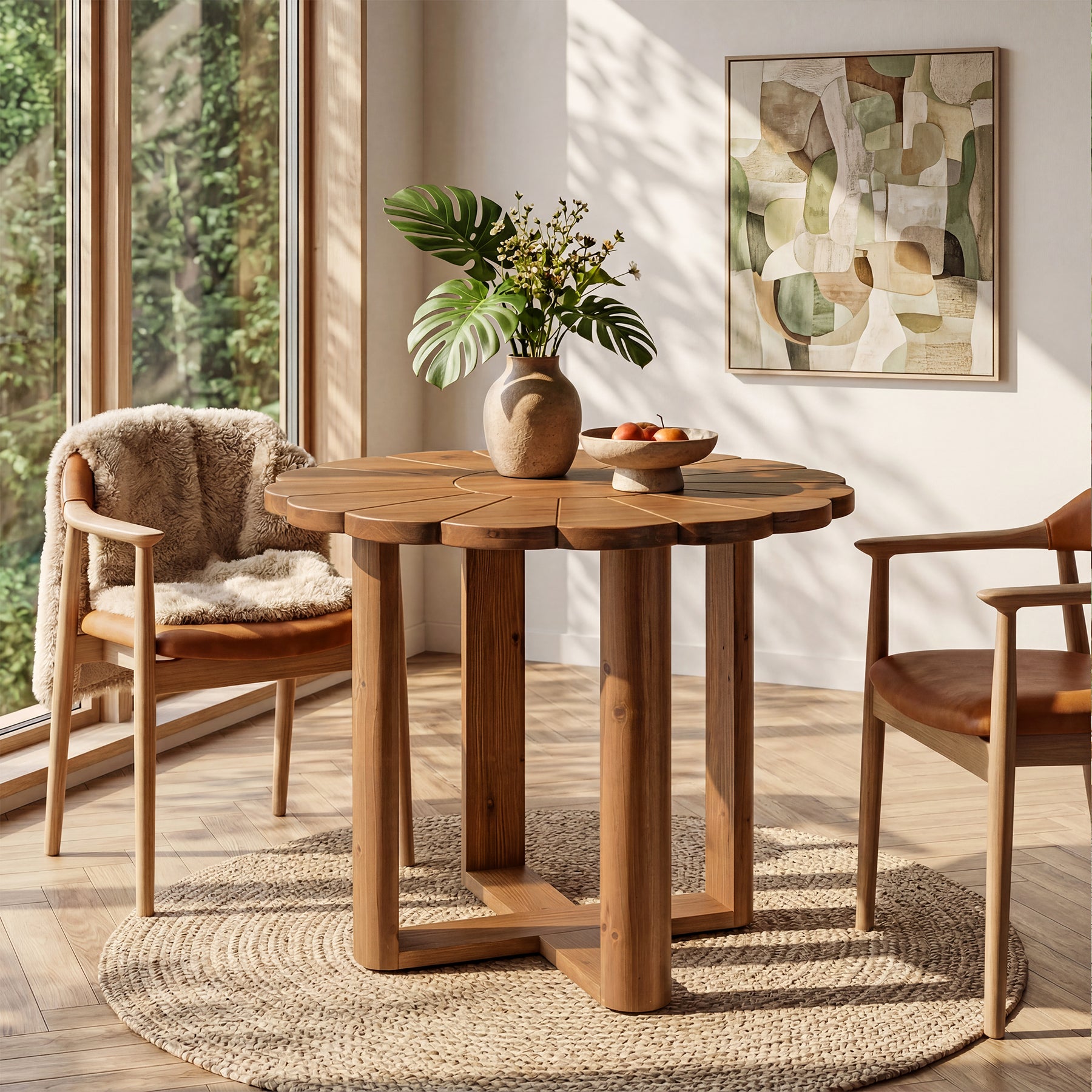 Tribesigns Massivholz Esstisch Rund 80 cm 2–4 Personen, Landhaus Eszimmertisch mit Floralem Schnitzmuster