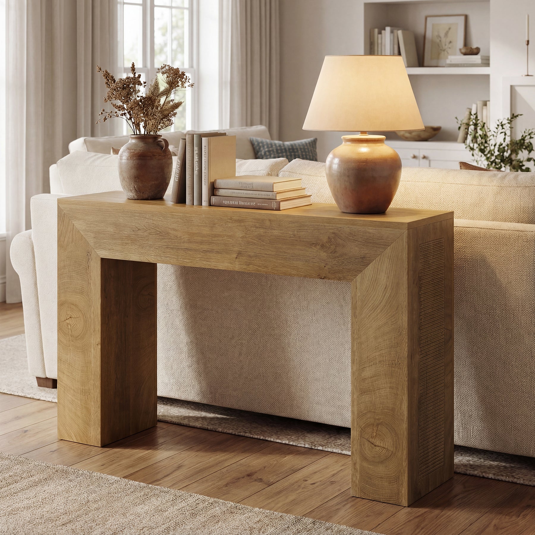 Konsolentisch für den Eingangsbereich, 110 cm schmaler Sofatisch im Landhausstil mit Rillenstruktur