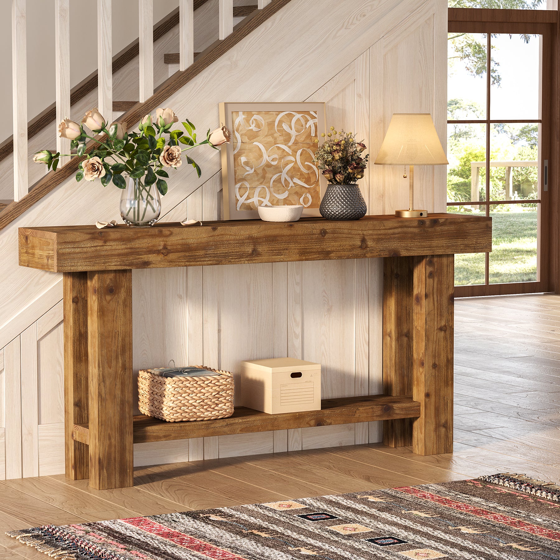 Tribesigns Konsolentisch aus Massivholz 160 cm, Schmaler Flurtisch im Landhausstil mit 2 Ablagen