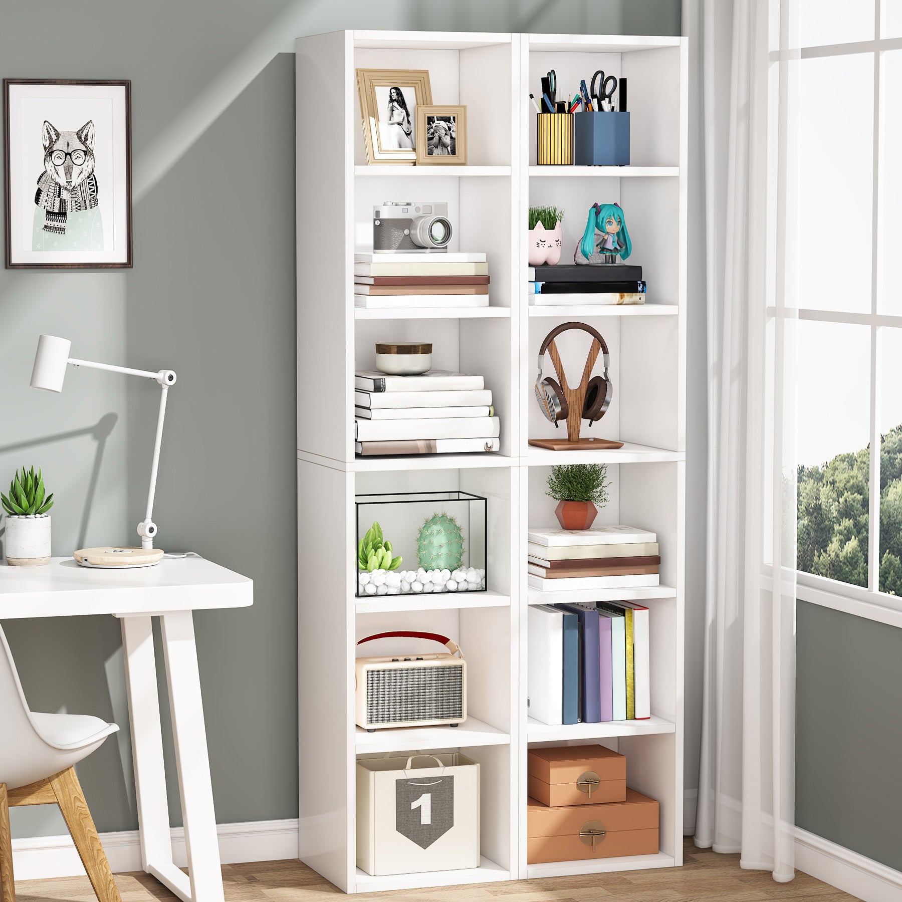 schmales Bücherregal, Eckbücherregal mit Stauraum, 6 Etagen
