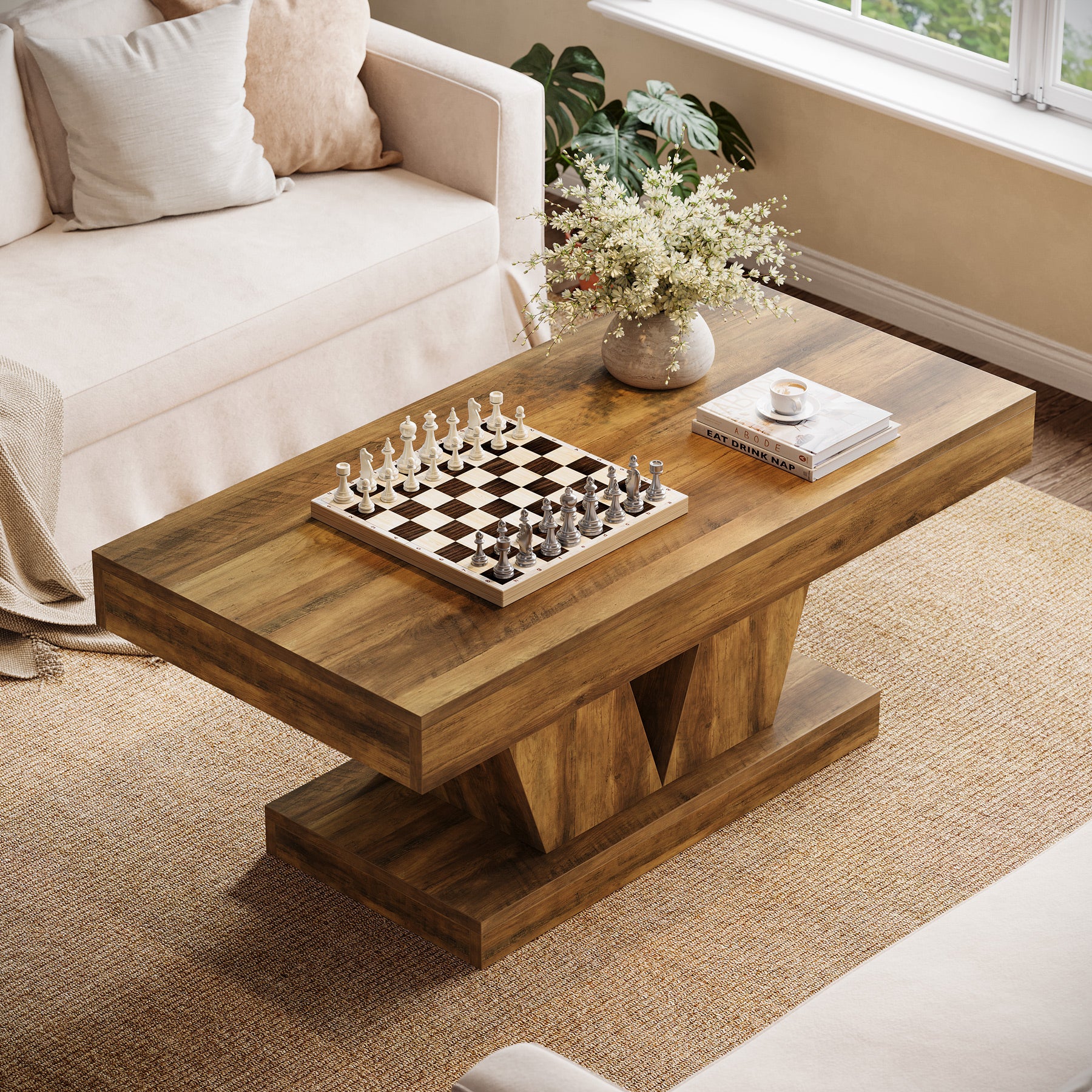 Rechteckiger Couchtisch 120 cm im Mid-Century Stil, Wohnzimmertisch in Holzoptik mit massivem Sockel und V-Form Basis
