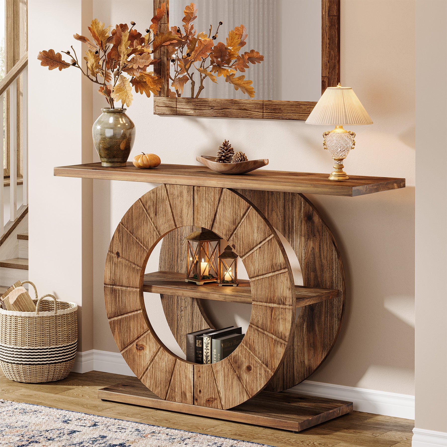 Tribesigns Massivholz Konsolentisch 105 cm mit 3 Ablagen, Schmale Flurkonsole im Landhausstil mit Rundem Design