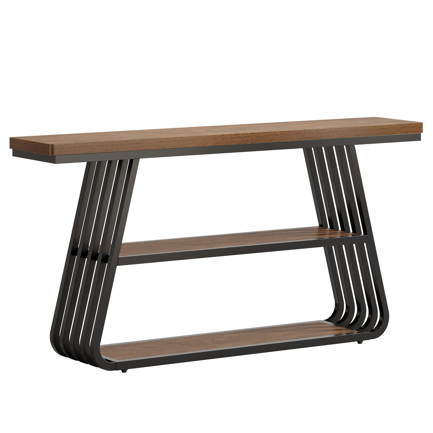 Konsolentisch 140 cm mit Ablagen, 3-stufiger Sofatisch aus Holz mit Metallrahmen