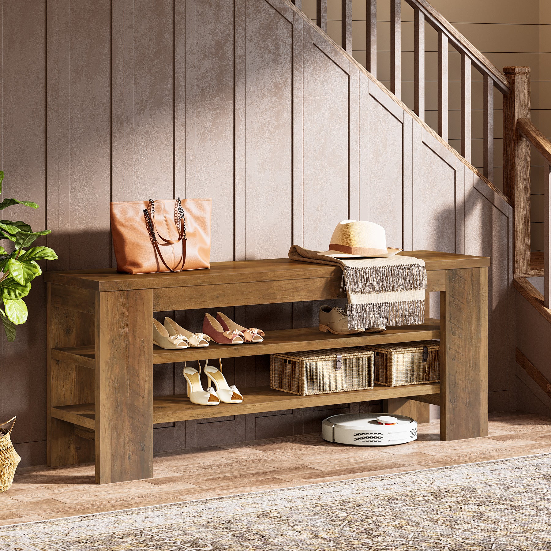 Schuhbank 120 cm mit Sitzfläche, Schuhregal, Garderobenbank aus Holz mit 3 Ebenen, belastbar bis 136 kg