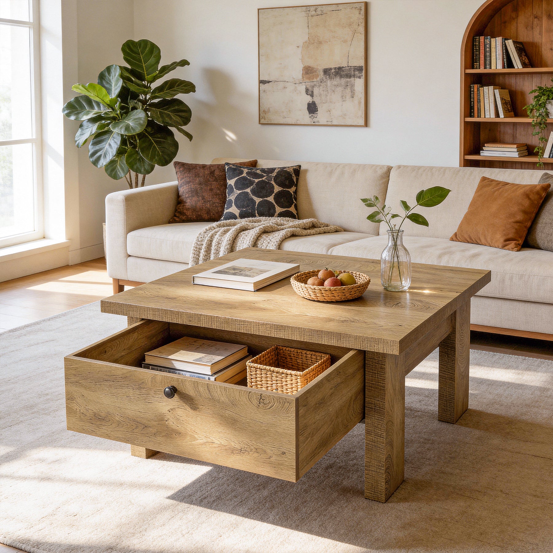 Tribesigns Quadratischer Couchtisch 80 cm mit Schublade, Landhaus Wohnzimmertisch mit verstecktem Stauraum