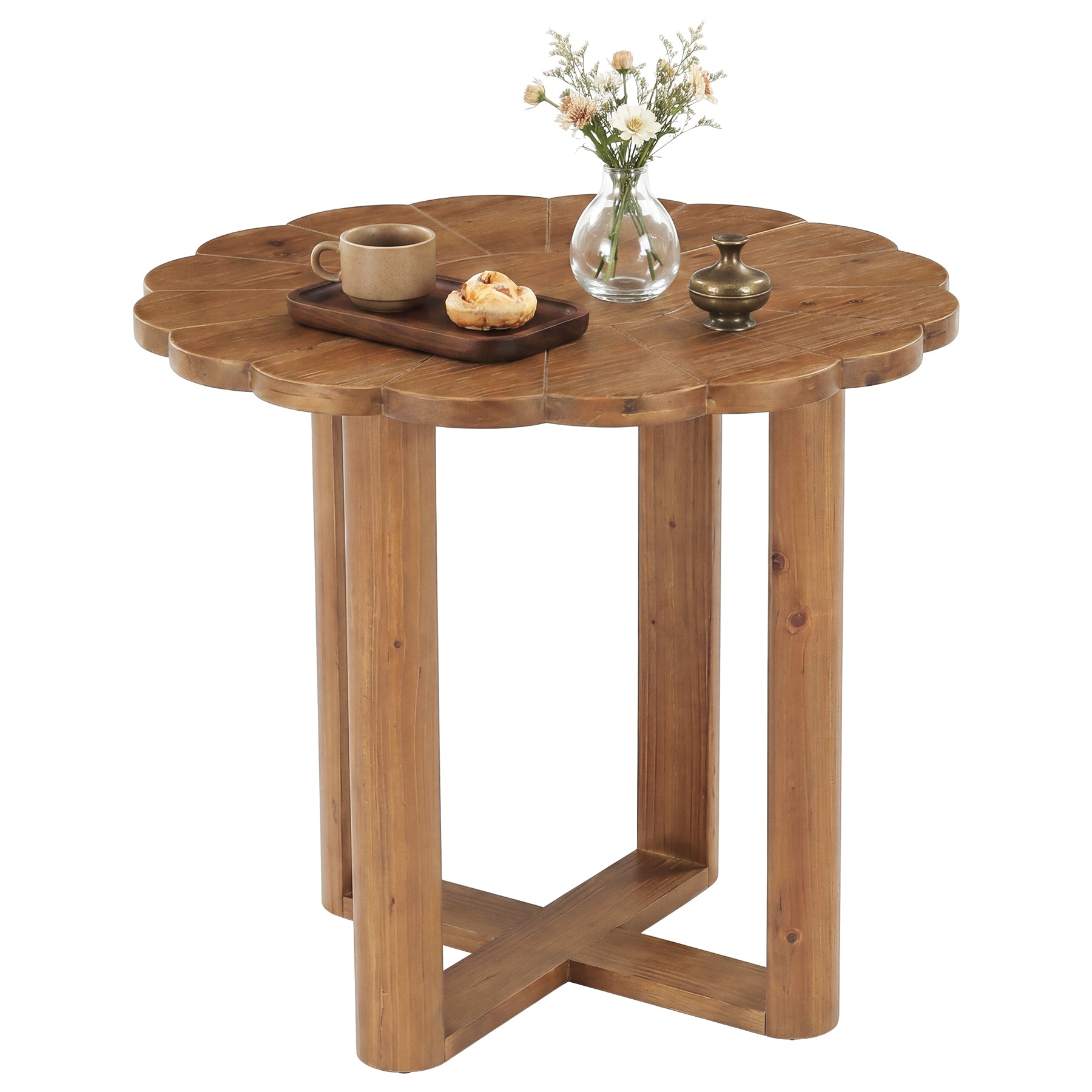 Tribesigns Massivholz Esstisch Rund 80 cm 2–4 Personen, Landhaus Eszimmertisch mit Floralem Schnitzmuster