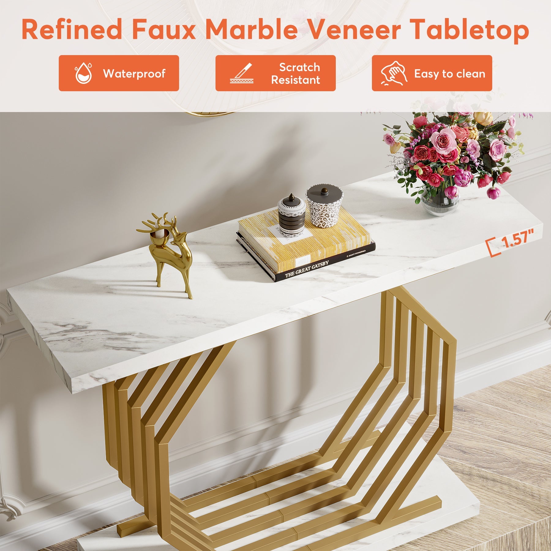Console Table, 40" Faux Marble Sofa Table with Geometric Metal Base Tribesigns