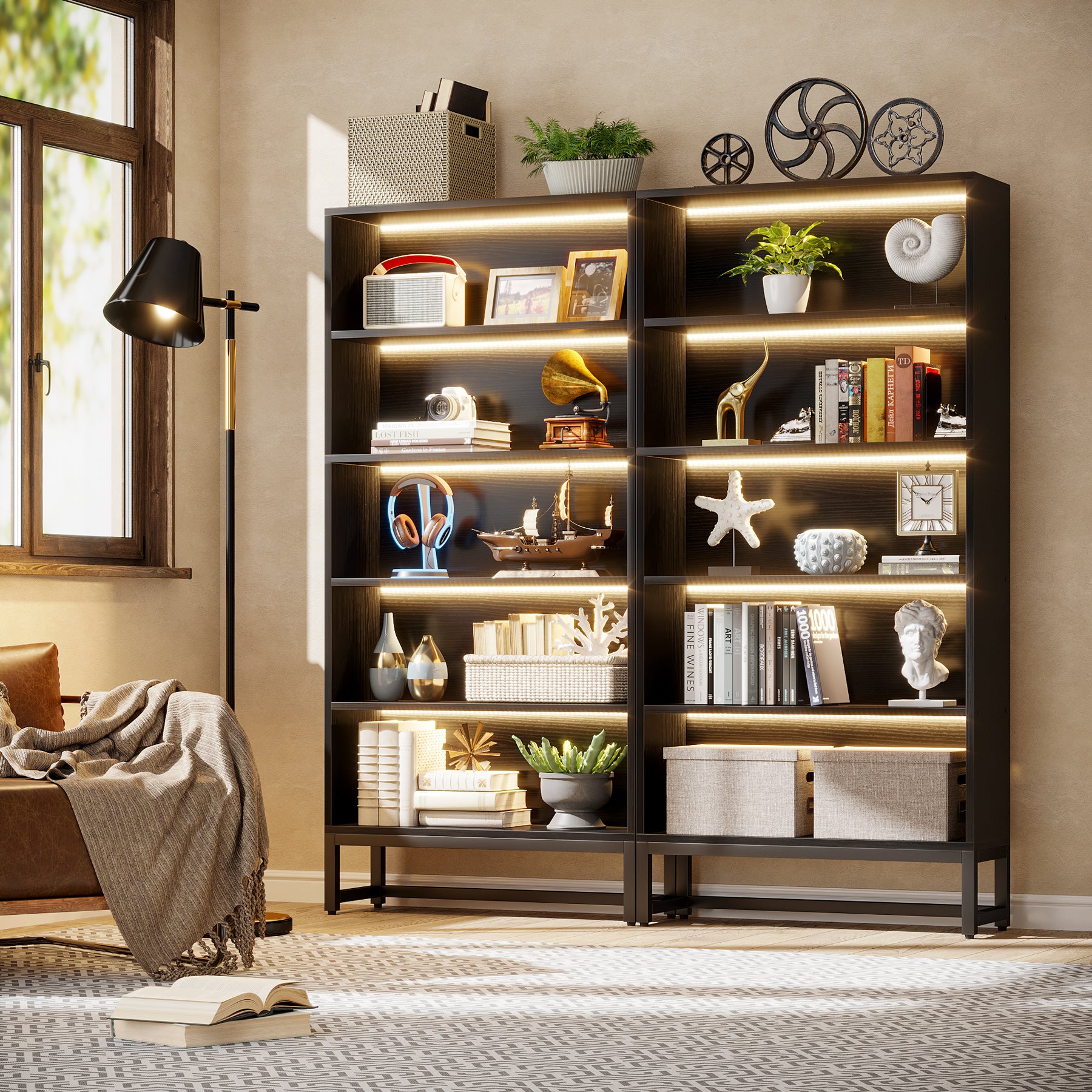 Tribesigns Bücherregal mit LED Beleuchtung, 180 cm Hohes Schwarzes Standregal mit 5 Ebenen