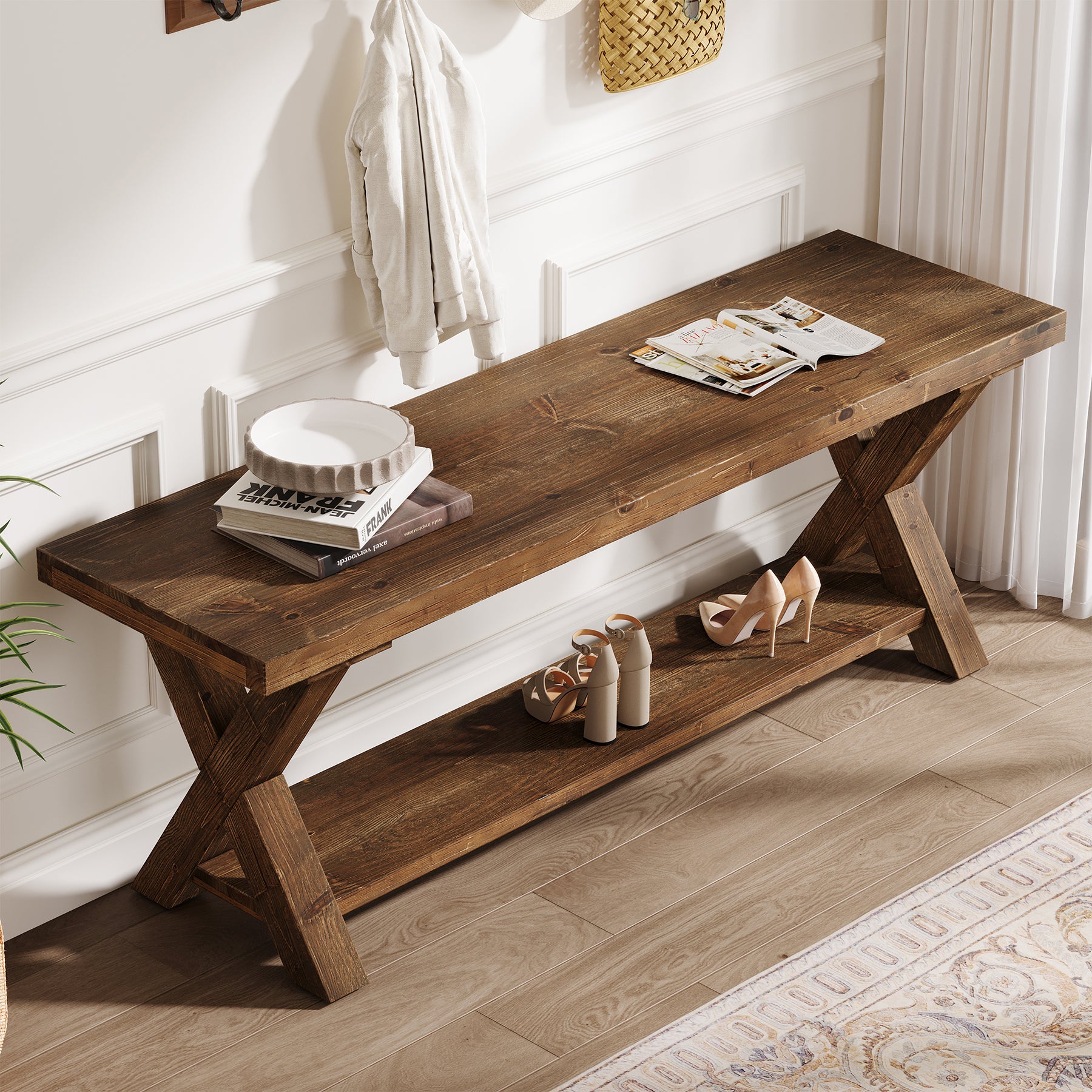 Tribesigns Massivholz Sitzbank 110 cm mit Ablagefach, Landhaus Schuhbank mit X-Gestell in Braun