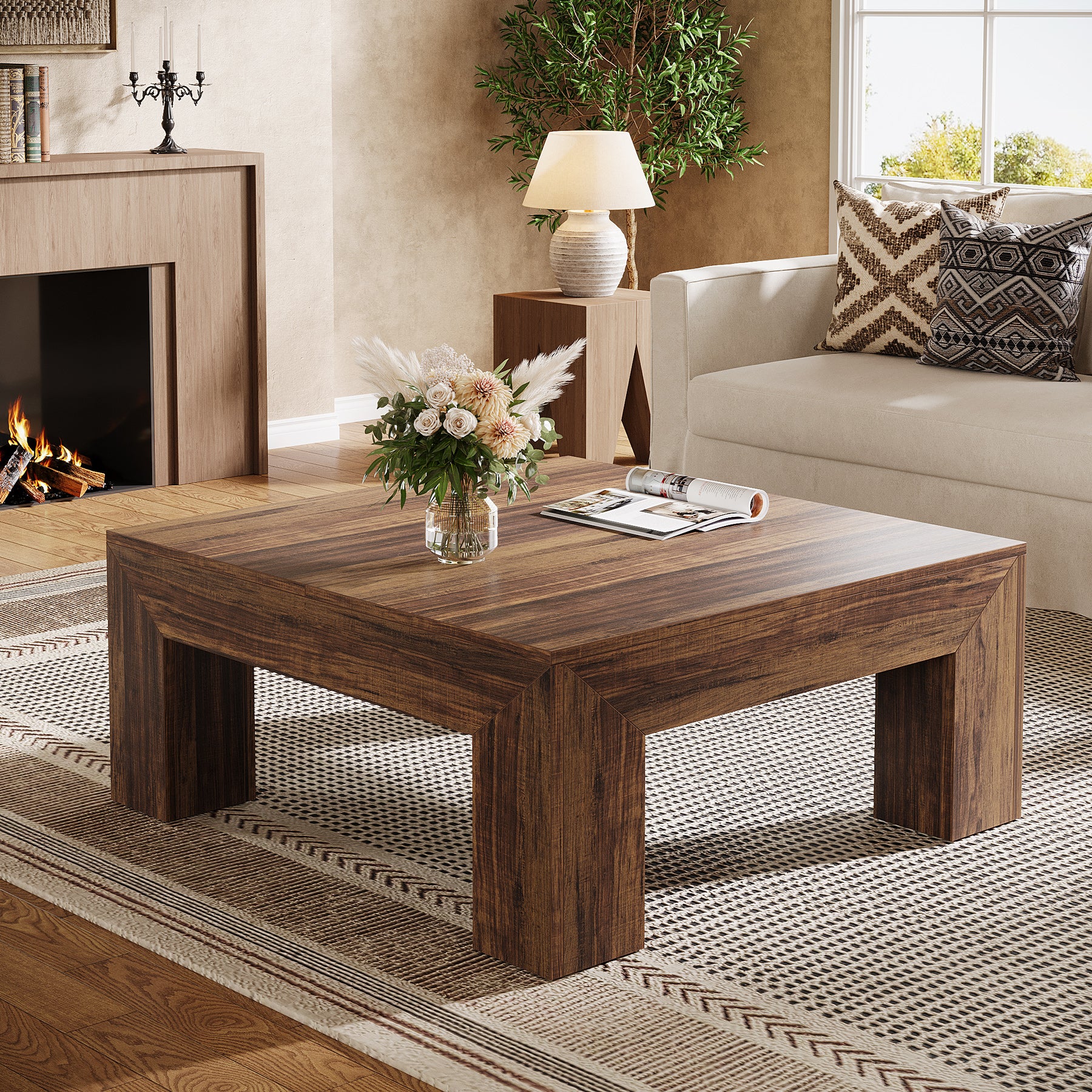 100 cm Quadratischer Couchtisch, Wohnzimmertisch aus Holz mit robusten Beinen für Sofa & Schlafzimmer