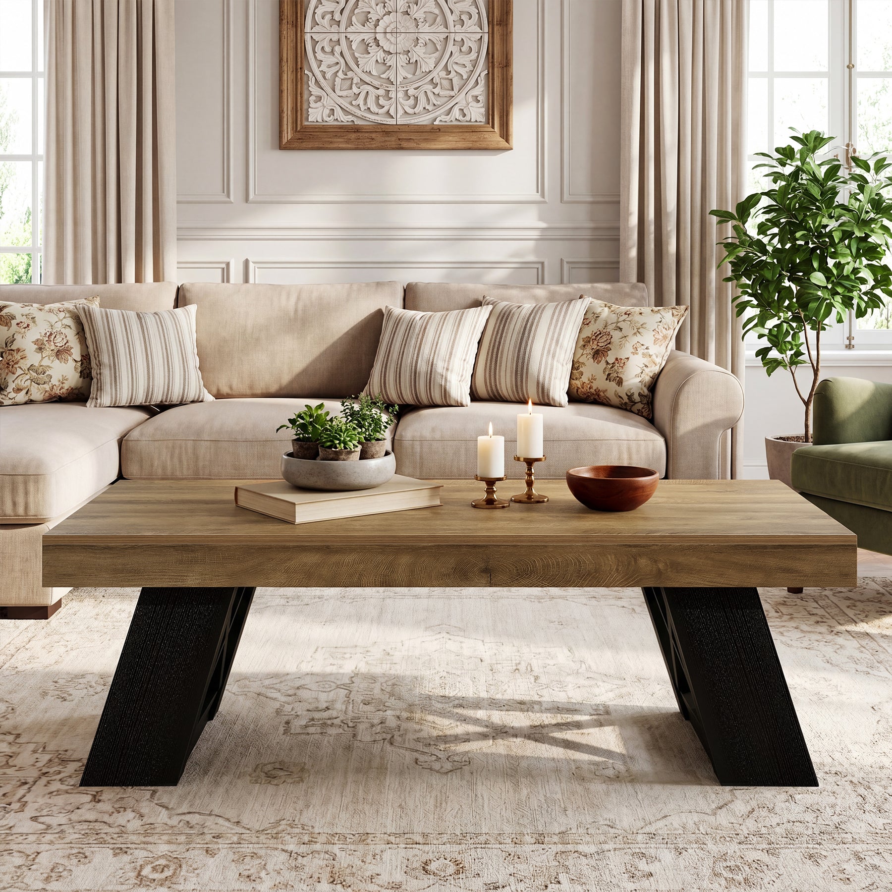 Tribesigns Couchtisch 140 cm für Wohnzimmer, Großer Wohnzimmertisch mit Starker Tischplatte und X-Gestell