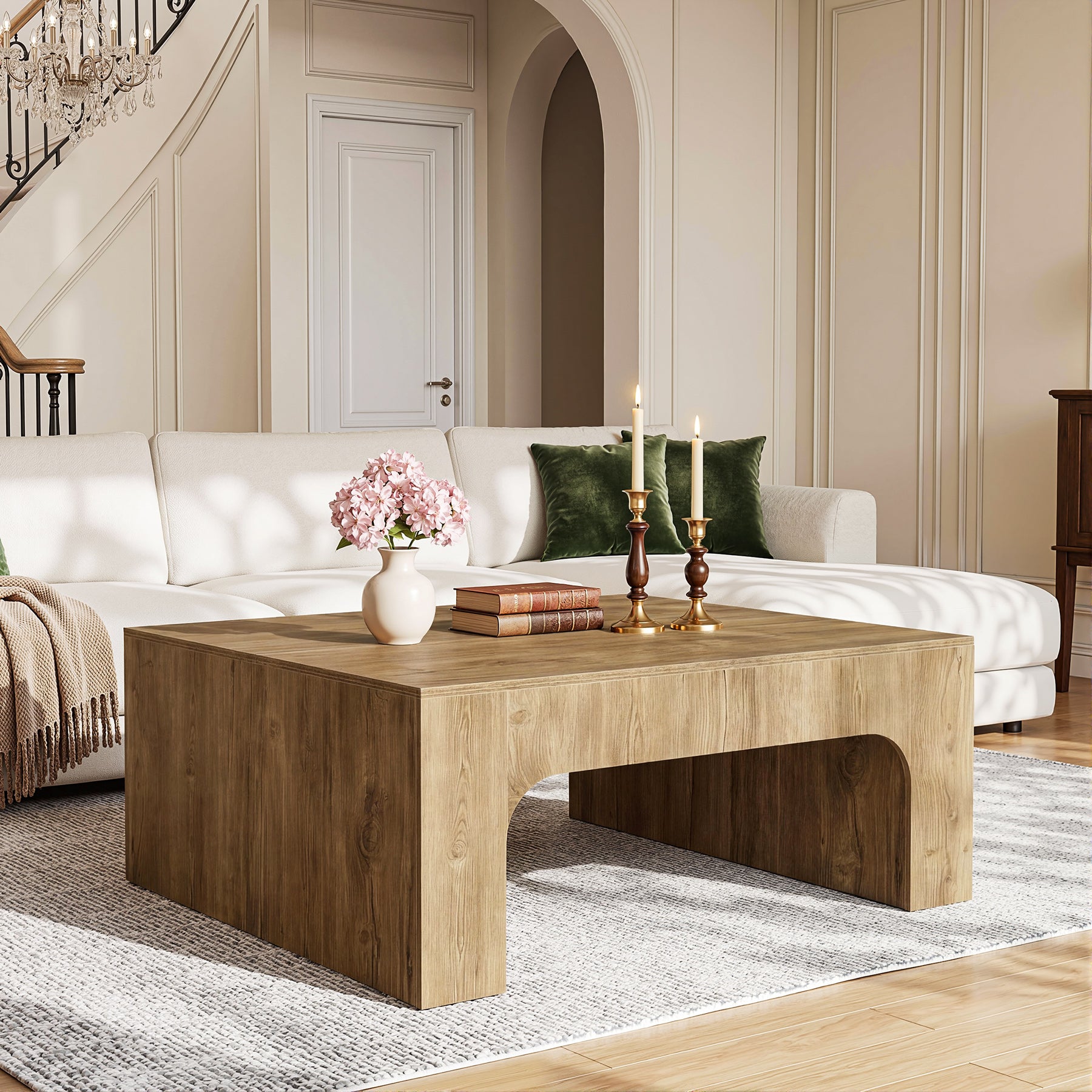Tribesigns Quadratischer Couchtisch 100 cm im Landhausstil mit geschwungenem Design
