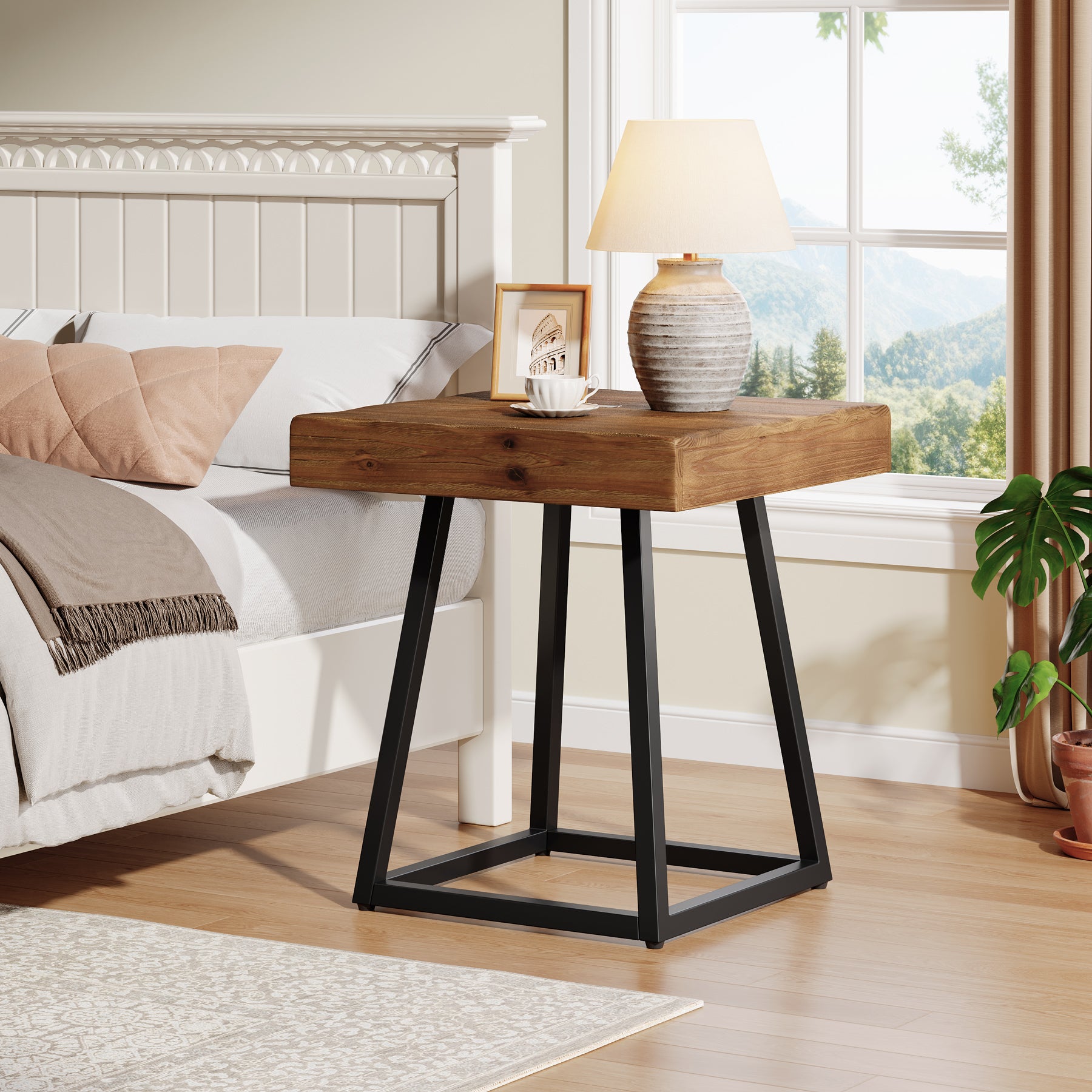 Tribesigns Beistelltisch aus Massivholz 50 cm, Quadratischer Nachttisch mit Metallgestell
