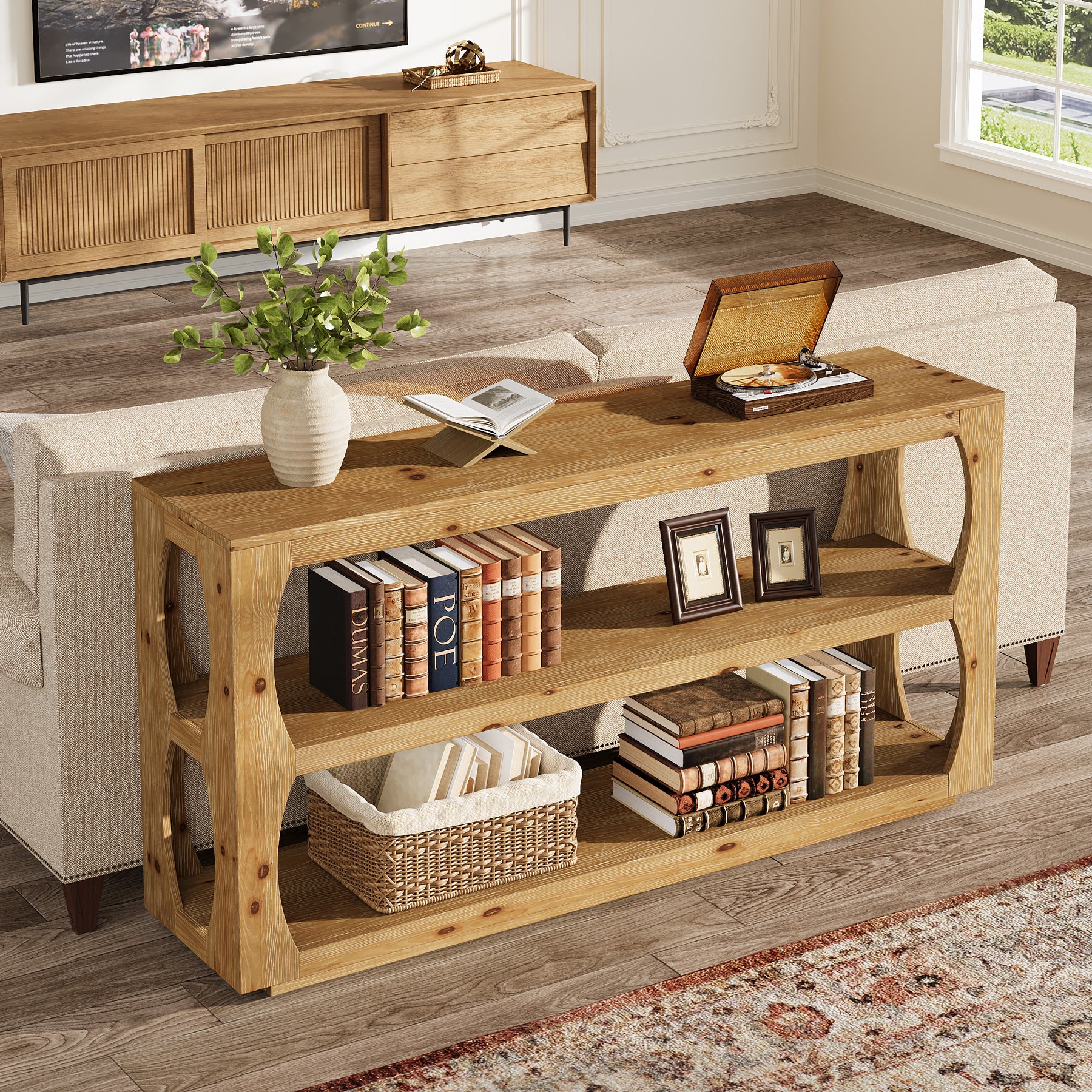 Konsolentisch 160 cm aus massivem Tannenholz, schmaler Flurtisch mit 3 Ebenen, Landhausstil für Flur, Wohnzimmer