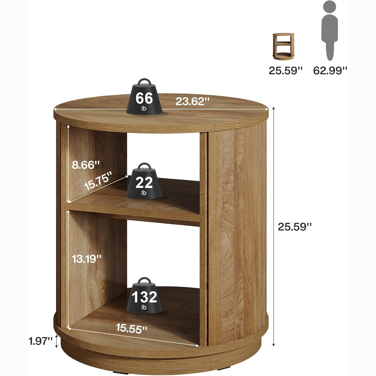 60 cm Runder 3-Etagen Beistelltisch mit Regal - Natürlicher Nachttisch für Wohnzimmer & Schlafzimmer