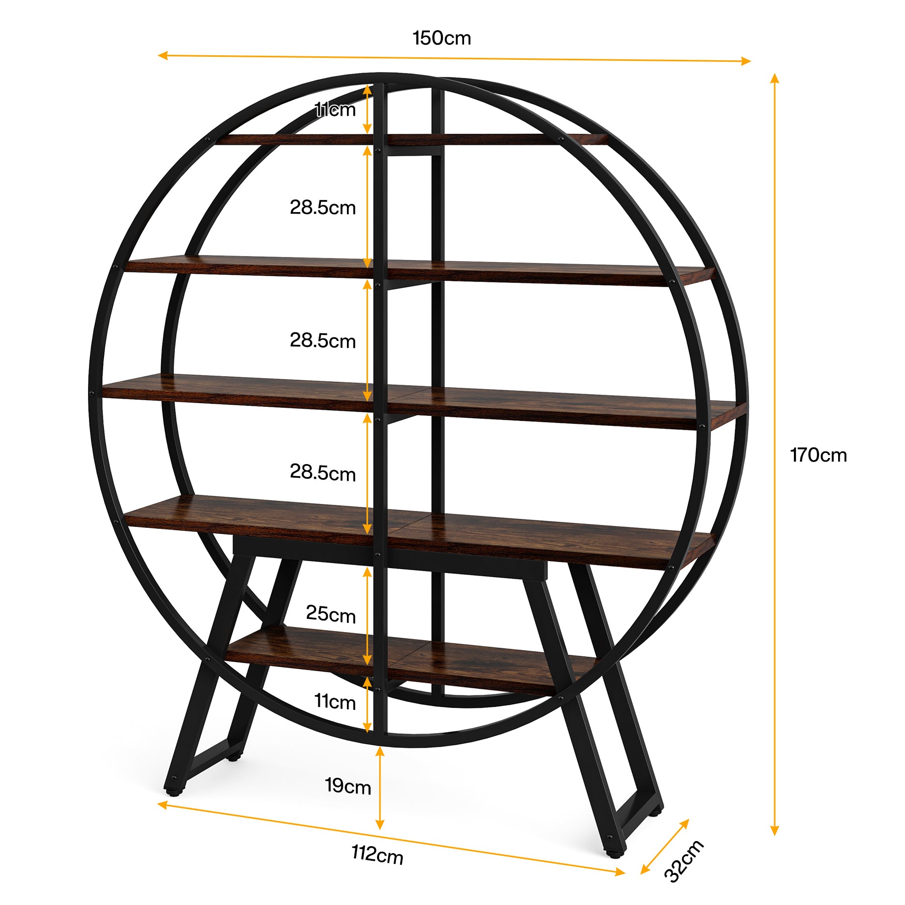 150cm Industrie-Bücherregal, 5-stöckiges rundes Etagere-Bücherregal