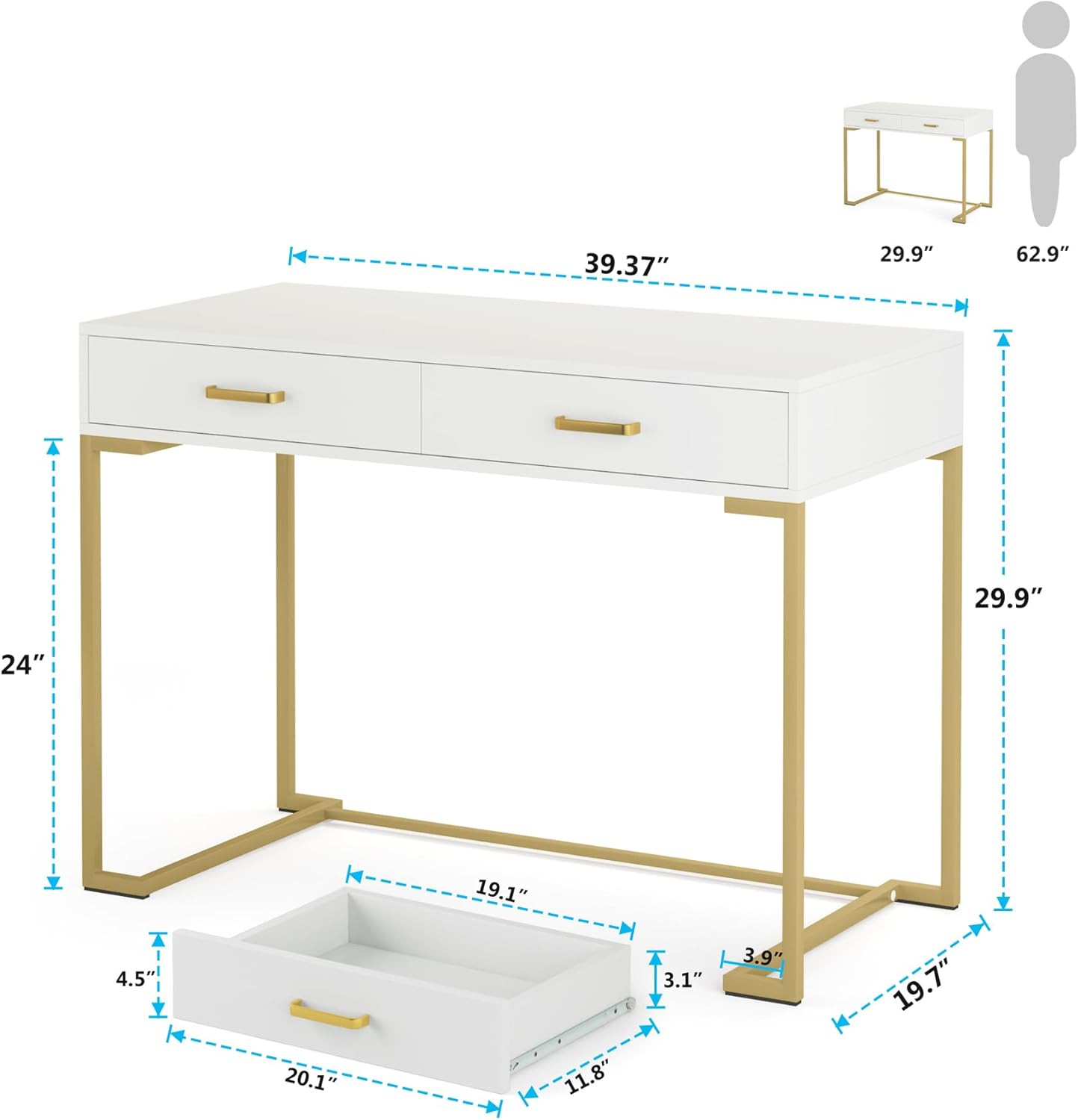 Moderner weiß-goldener Computertisch mit 2 Schubladen für Homeoffice