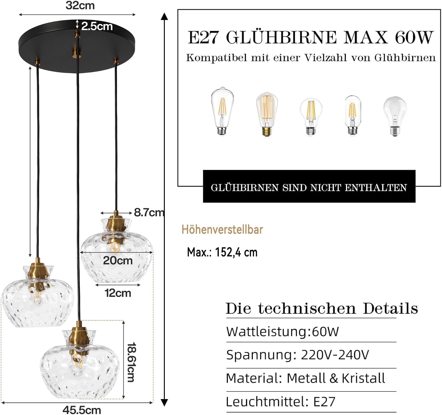 Tribesigns Pendelleuchte 3-flammig mit Strukturglas, Höhenverstellbare Hängelampe, E27