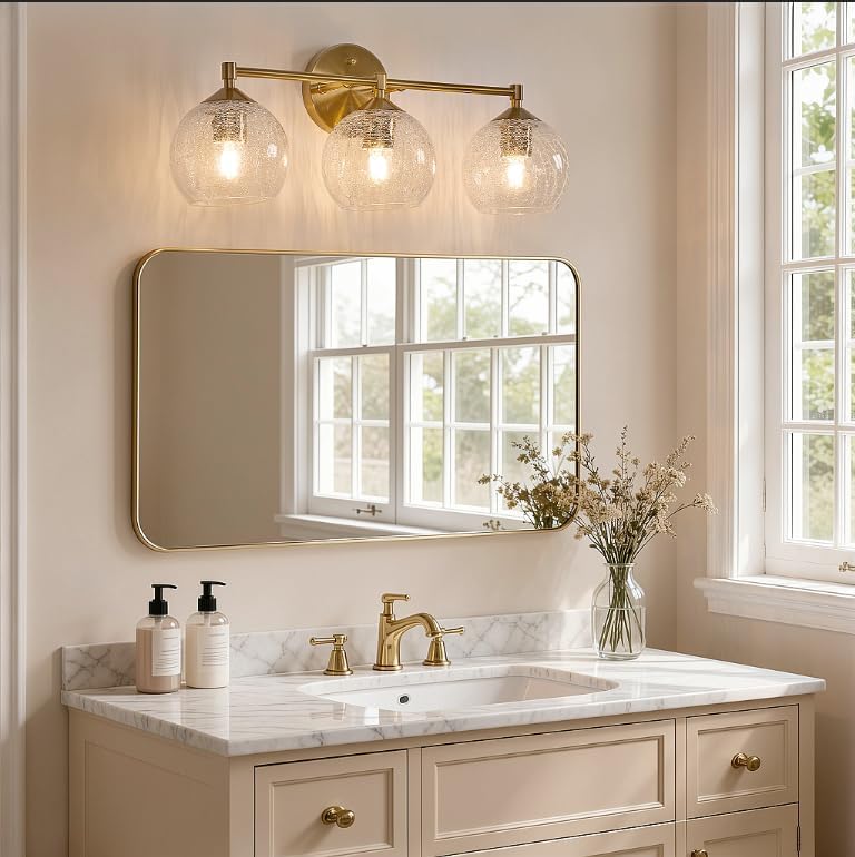 Tribesigns Goldene Badezimmer Wandleuchte 3-flammig mit Crackle-Glas Kugeln, Moderne Spiegelleuchte mit E27 Fassung inkl. LED Leuchtmittel