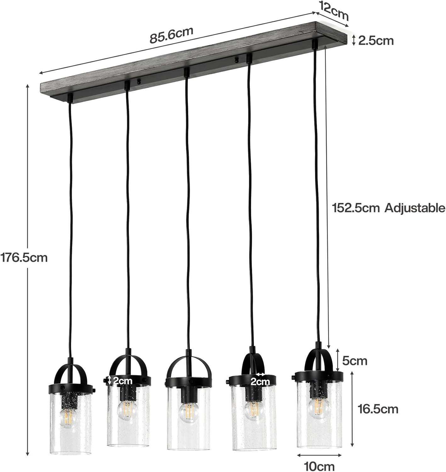 Tribesigns 5-flammige Hängeleuchte mit Blasenglas-Schirmen, Höhenverstellbare Esstischlampe Schwarz