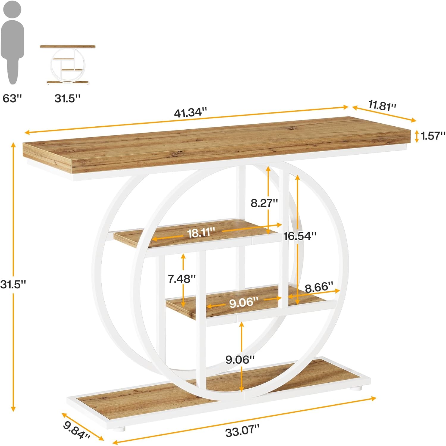 105cm Konsolentisch, industrieller 4-stöckiger Sofatisch, Eingangstisch mit rundem Fuß