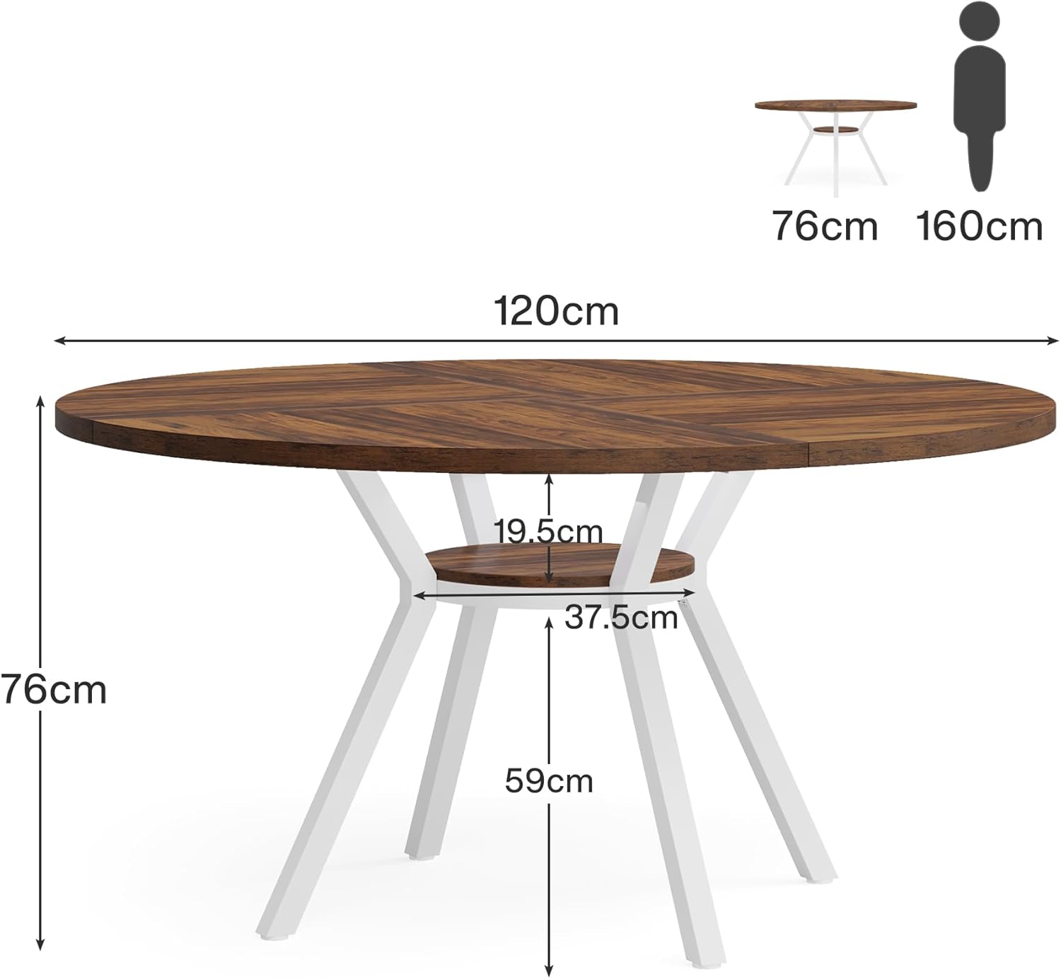 120 cm Runder Esstisch für 4 Personen, Küchentisch mit Metallgestell und Ablagefach