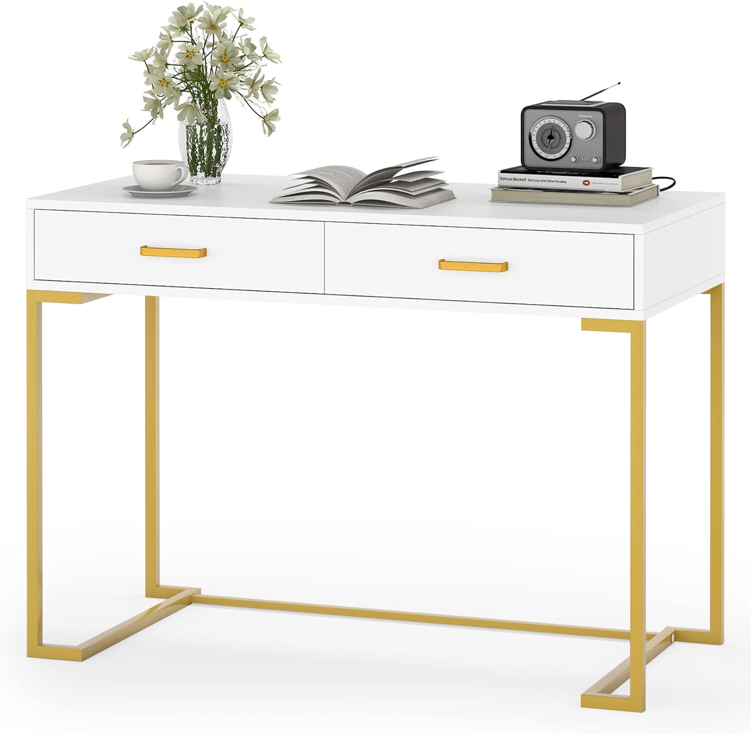 Moderner weiß-goldener Computertisch mit 2 Schubladen für Homeoffice