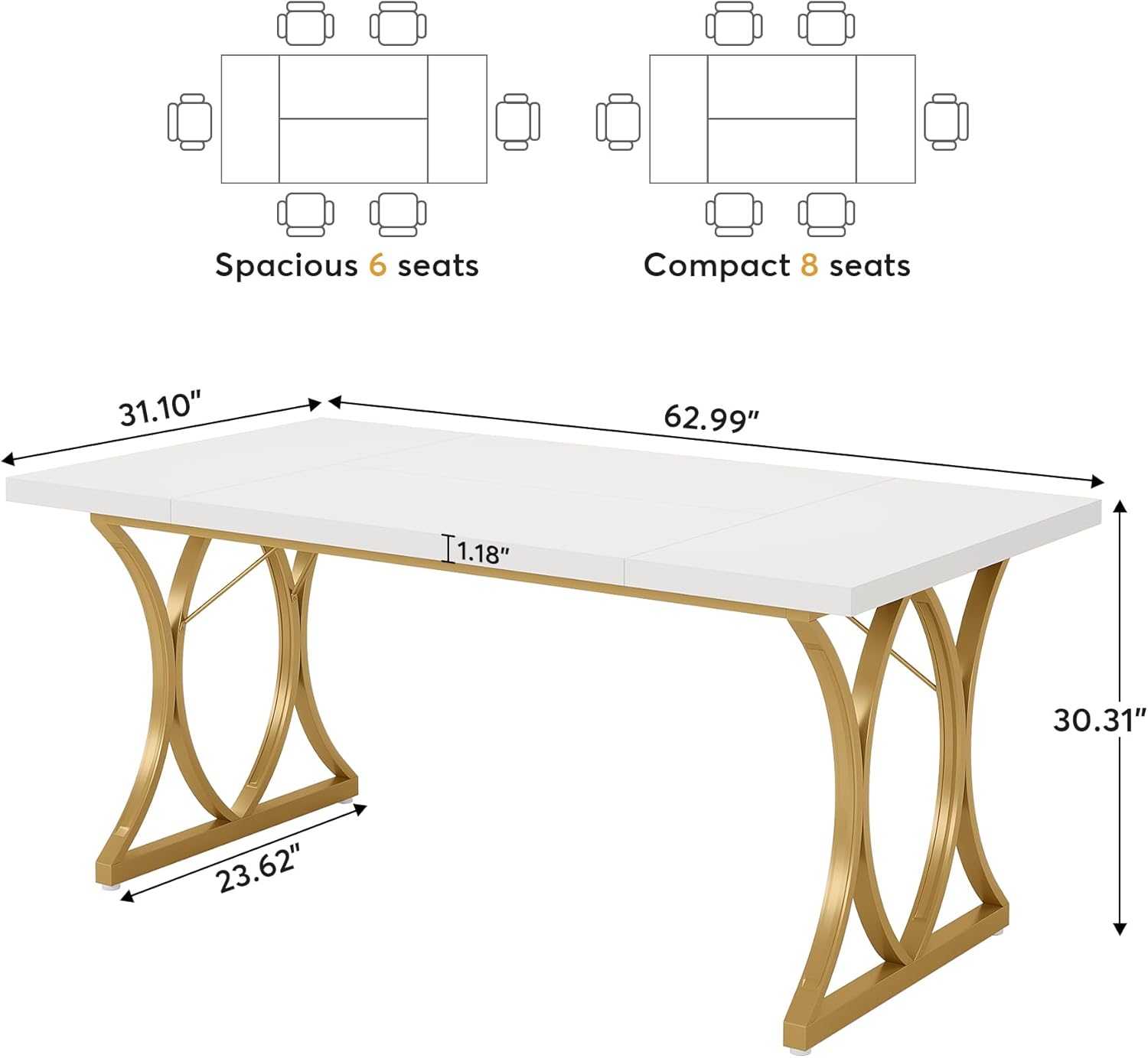 Rechteckiger Esstisch für 6 Personen, für Esszimmer, Küche und Wohnzimmer