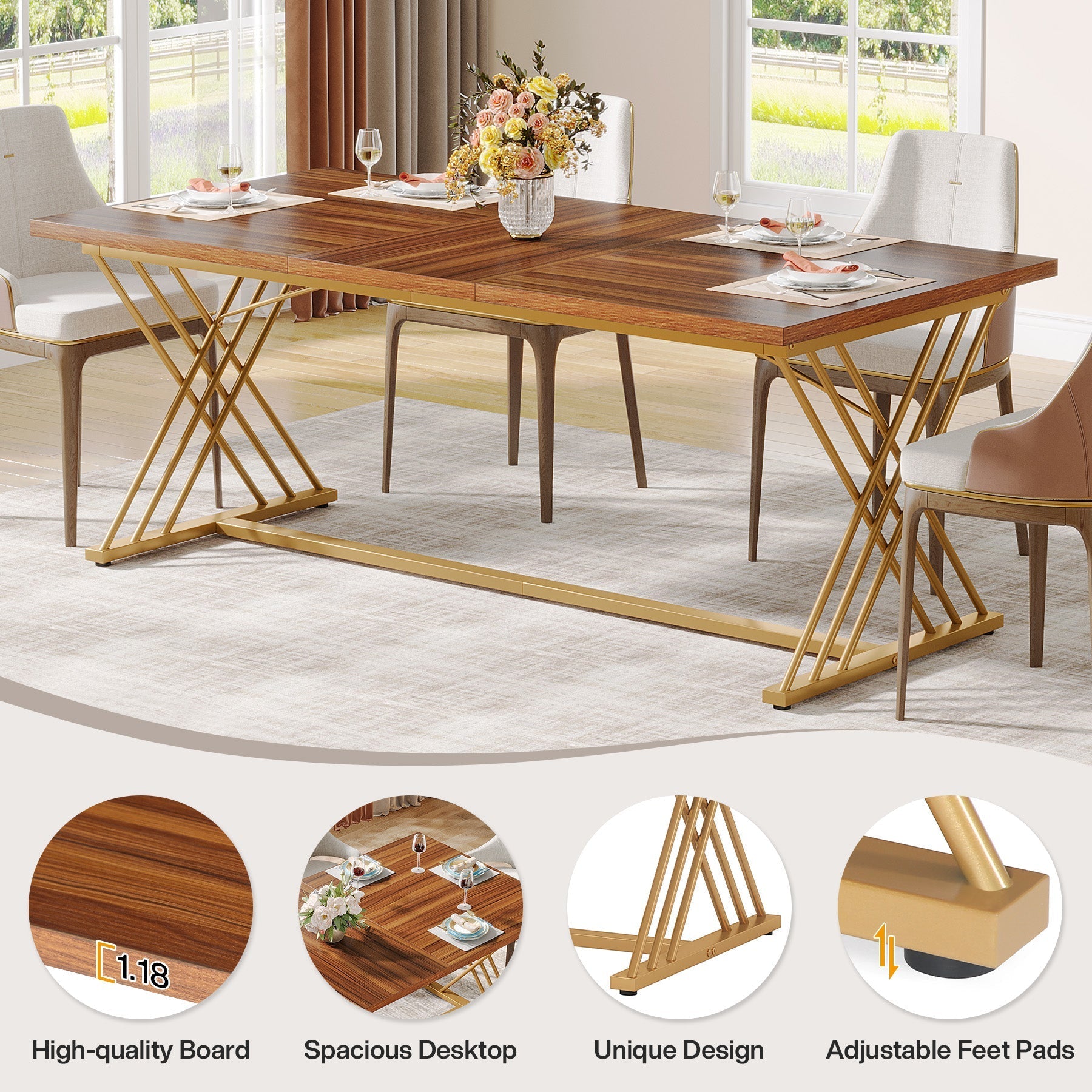 63" Dining Table Wood Kitchen Dinner Table with Metal Frame Tribesigns